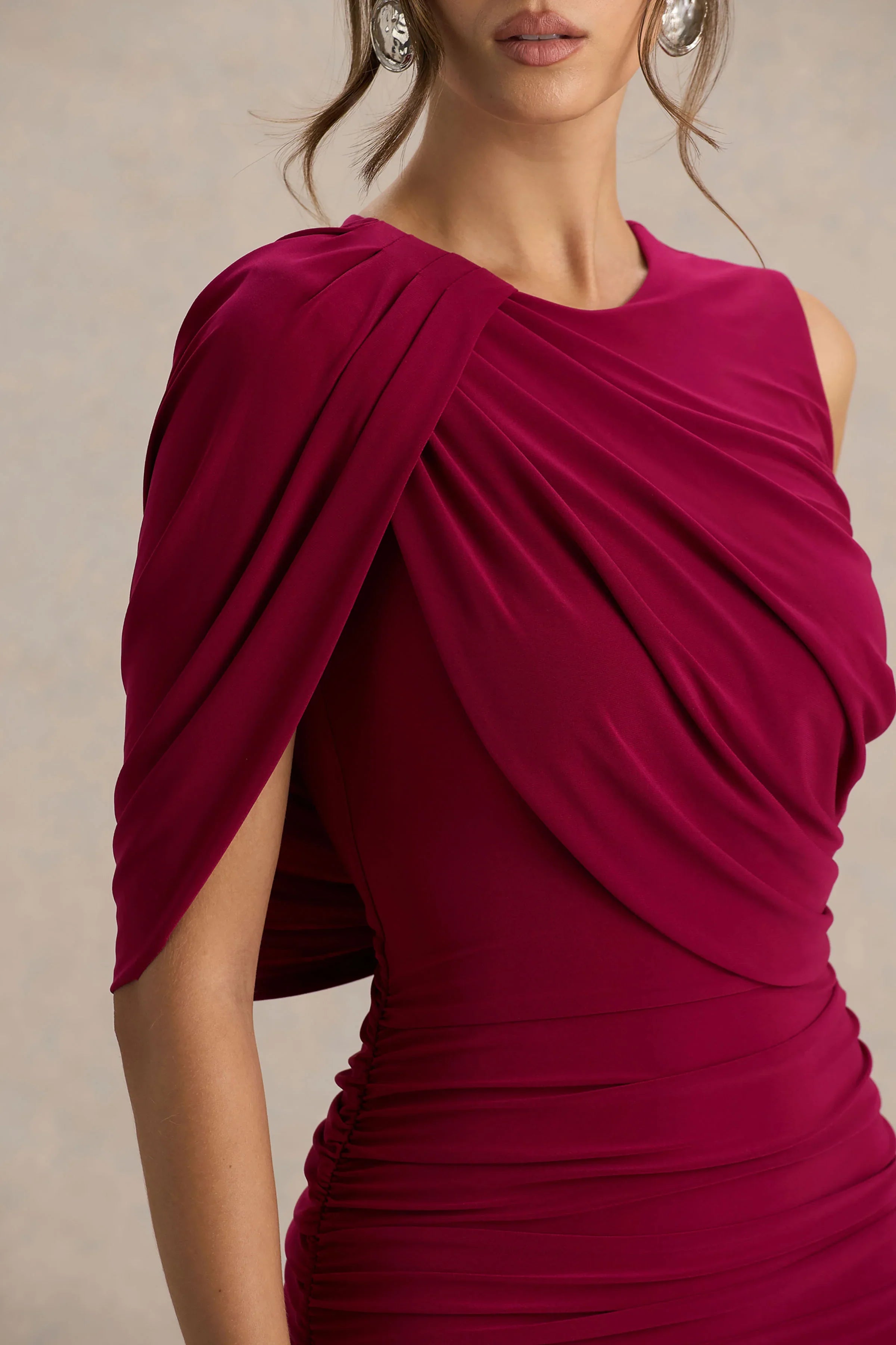 Missy Burgundy Mini Dress With Cape Sleeve And Ruched Detailing