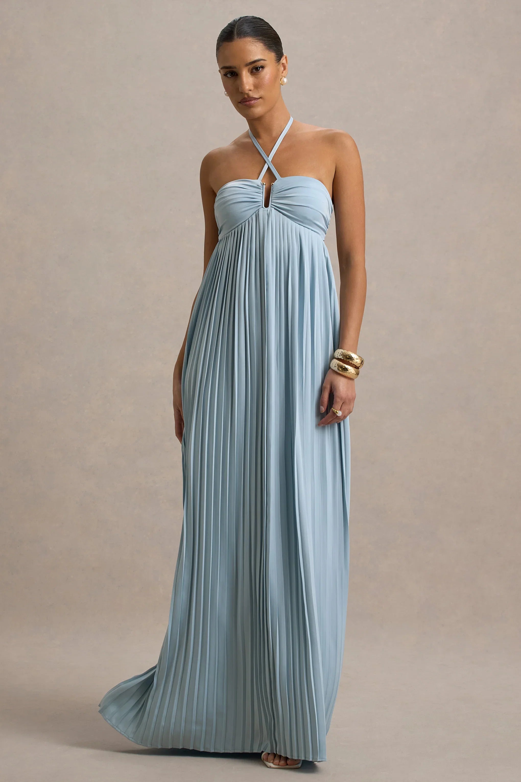 Elayne Powder Blue Halter Neck Maxi Dress With Cut Out Detail