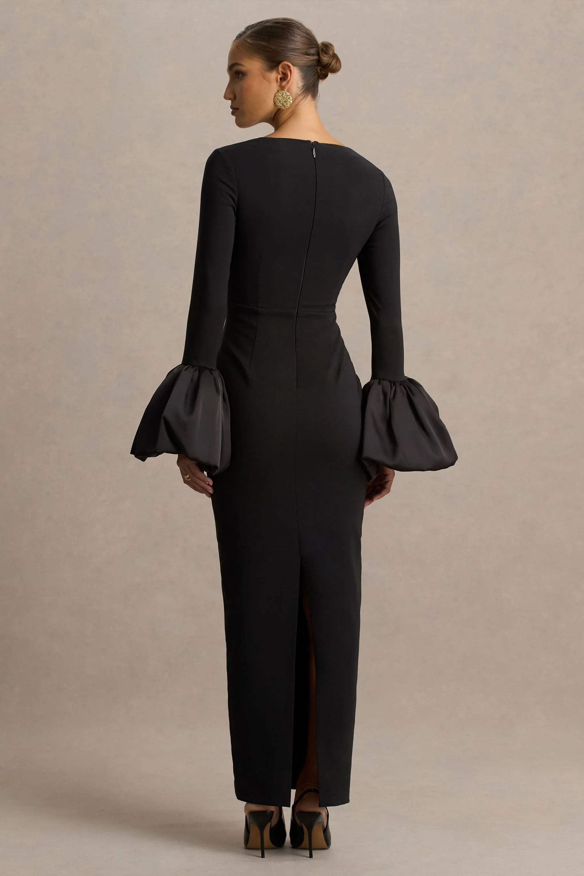 Retreat Black Square Neck Maxi Dress With Satin Puff Sleeves