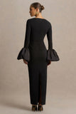 Retreat Black Square Neck Maxi Dress With Satin Puff Sleeves