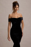 Apolline Black Velvet Off The Shoulder Ruched Fishtail Maxi Dress