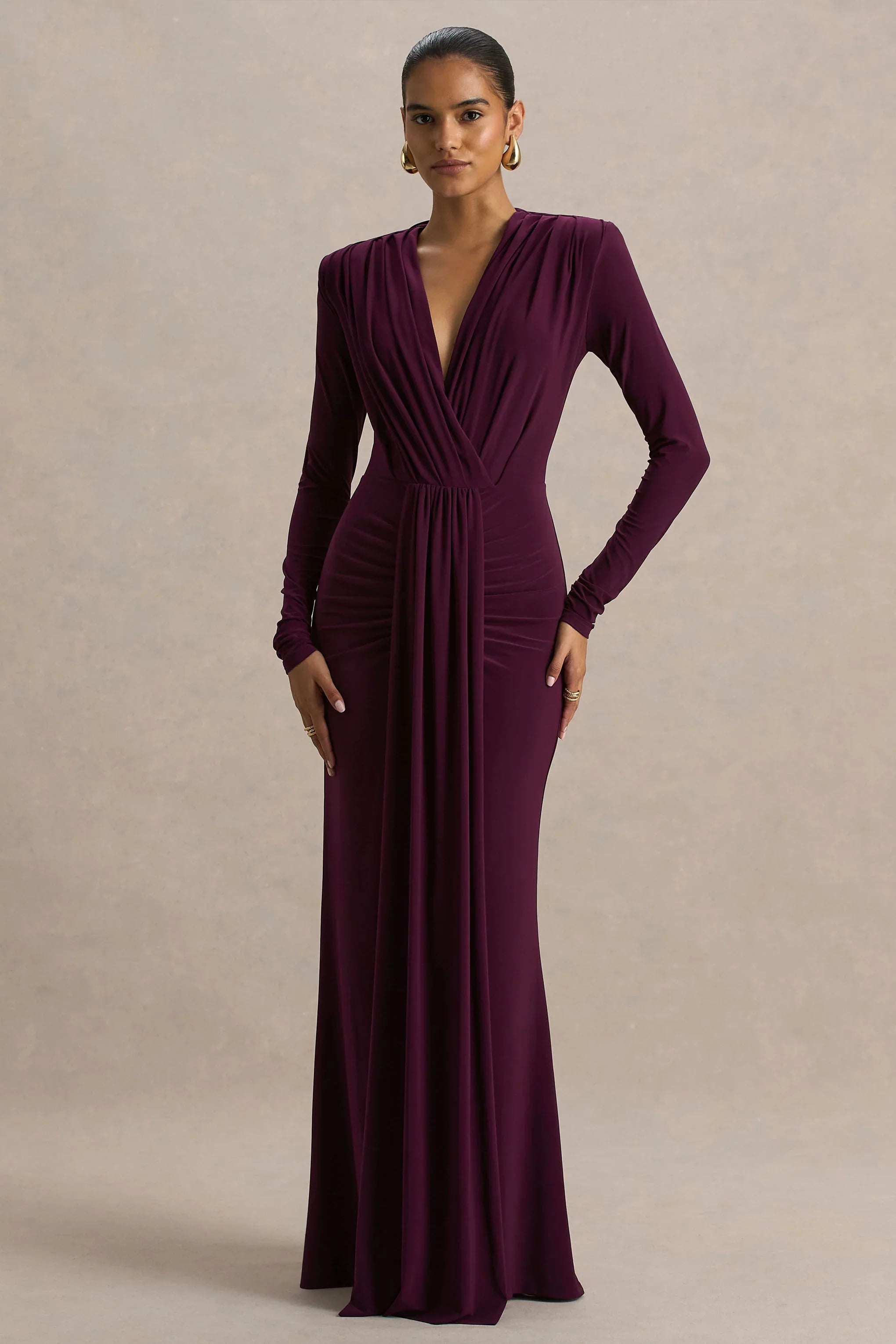 Flashy Burgundy Plunge Neck Maxi Dress With Ruched Detailing