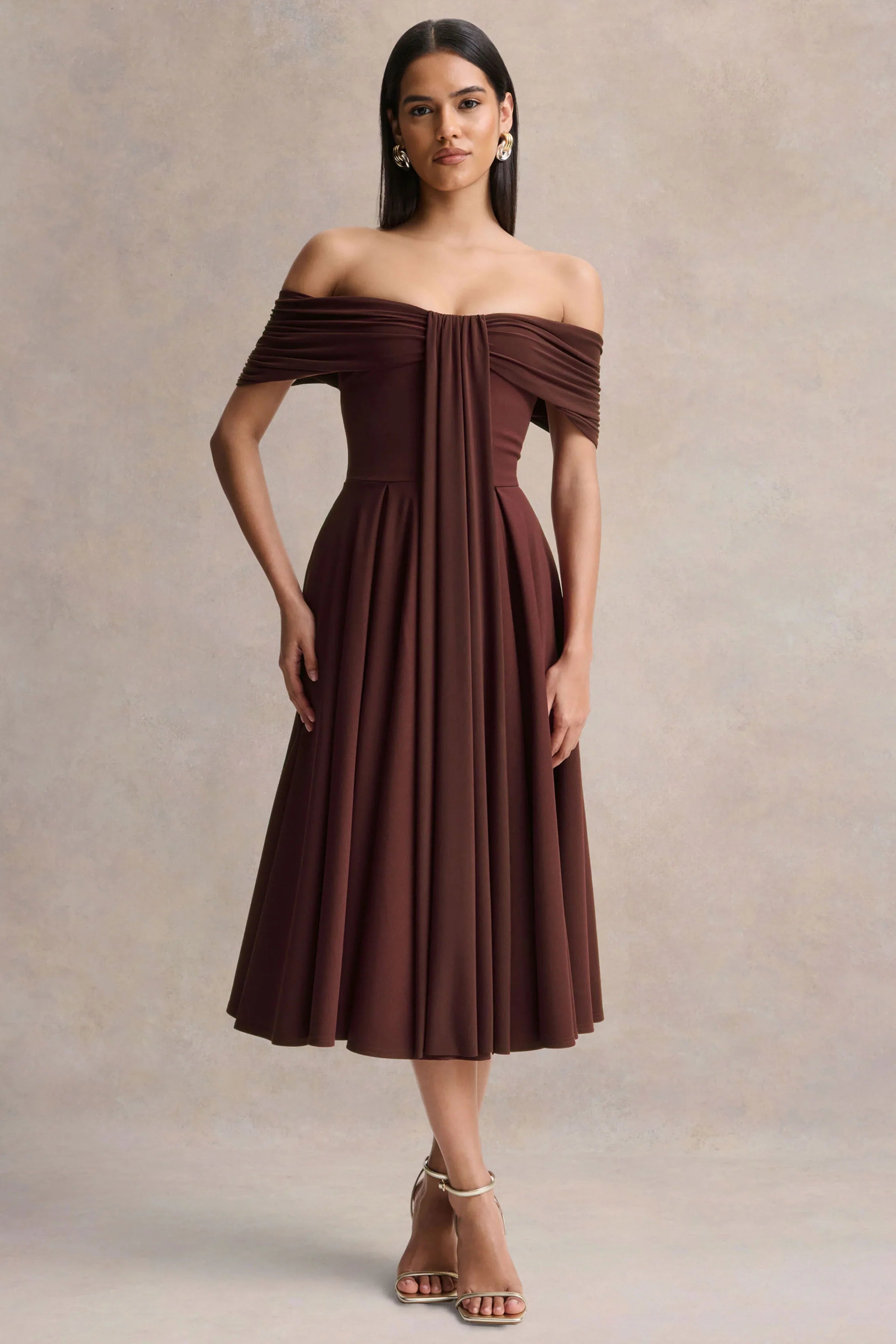 Dearest Brown Bardot Neck Midi Dress