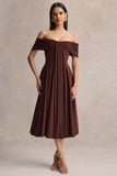 Dearest Brown Bardot Neck Midi Dress
