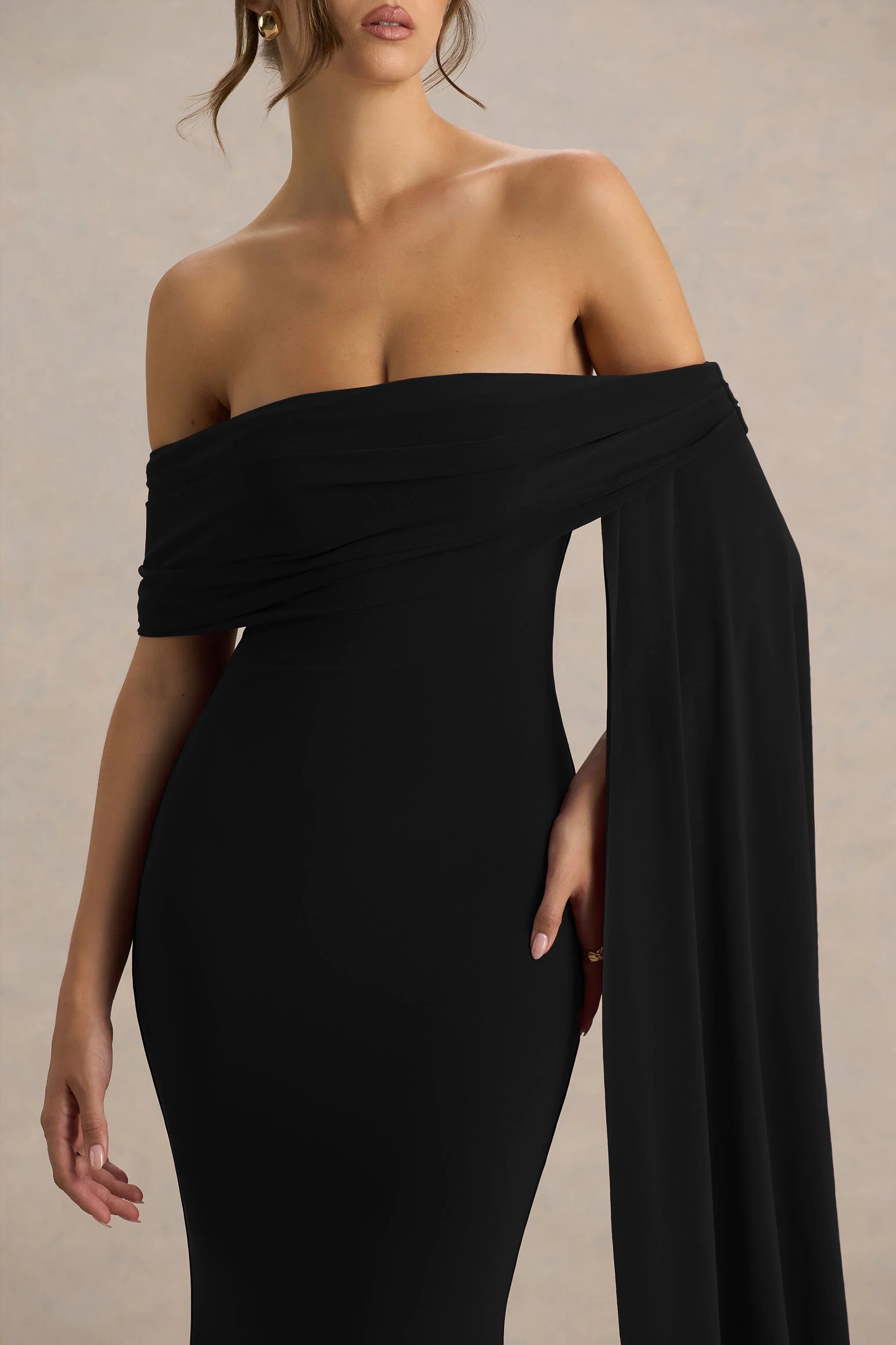 Saffina Black Bardot Neck Maxi Dress With Sash Detail
