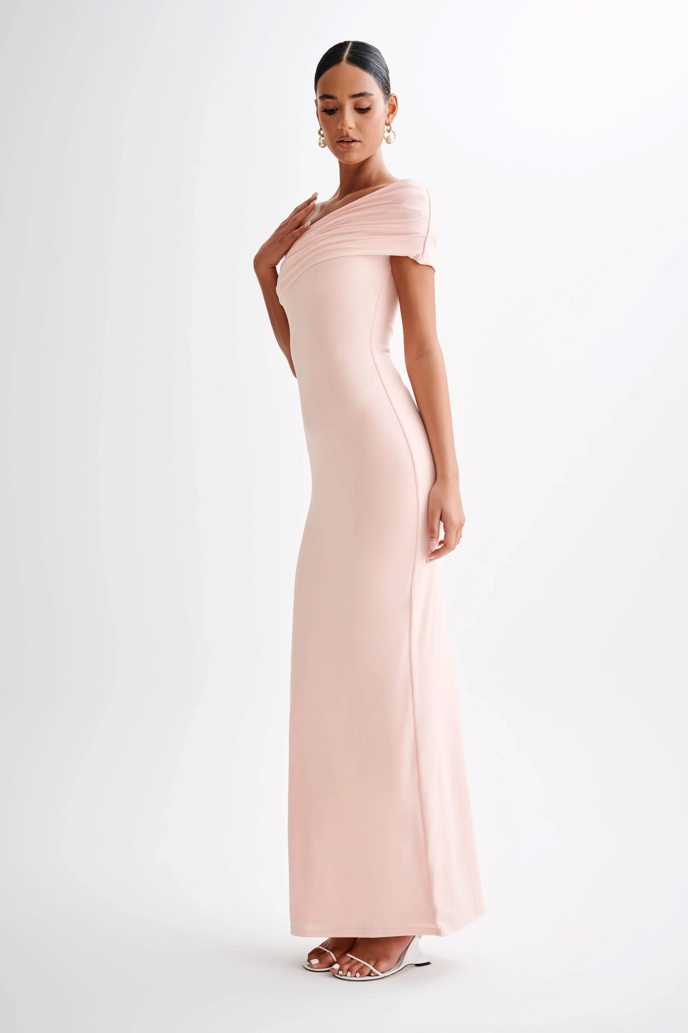 Cassandra Off Shoulder Slinky Maxi Dress Pale Pink