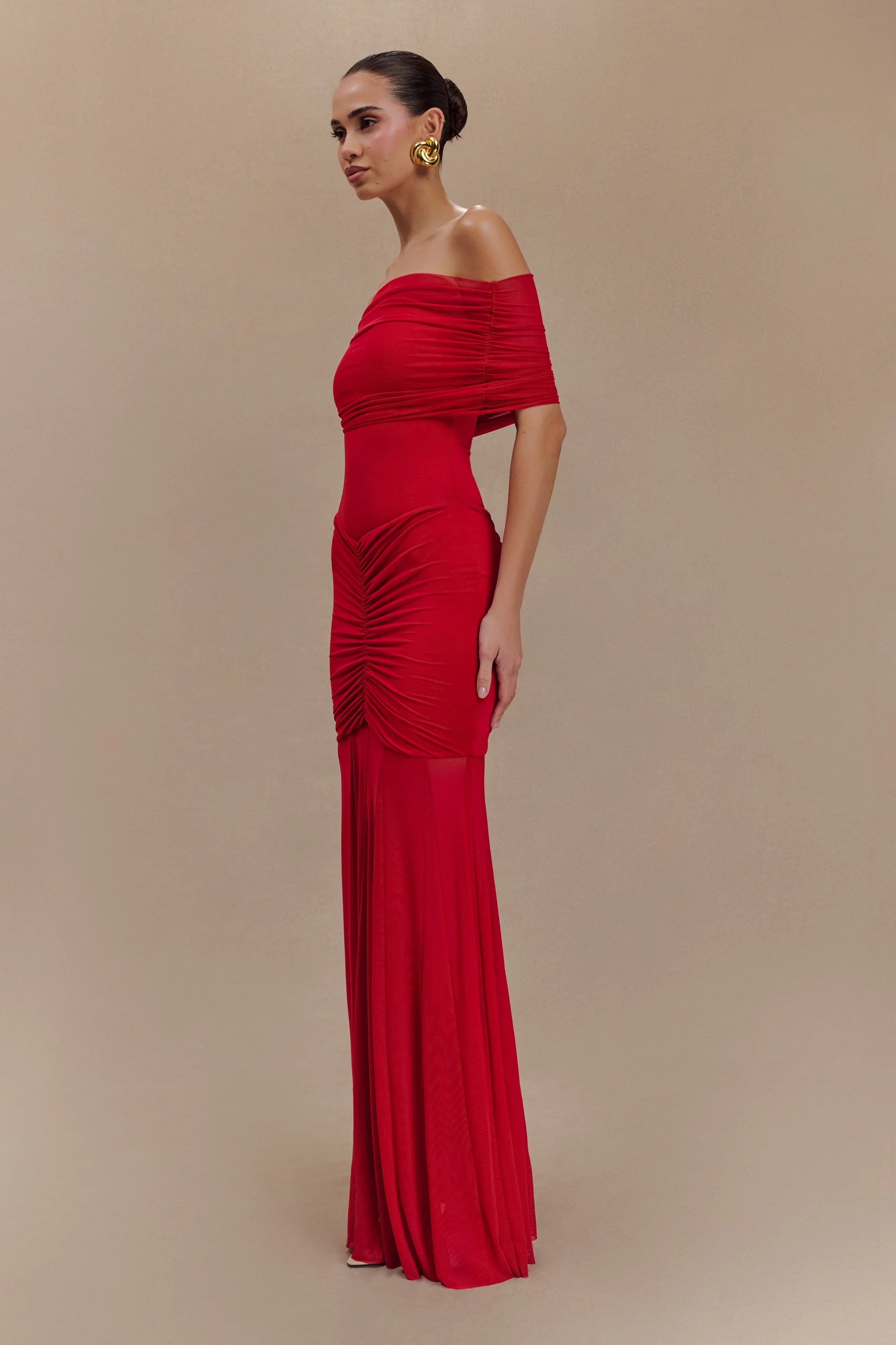Caspian Slinky And Mesh Off Shoulder Maxi Dress Ruby