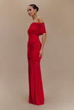 Caspian Slinky And Mesh Off Shoulder Maxi Dress Ruby