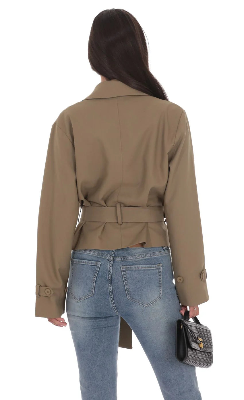 Belted Short Trench Coat in Khaki