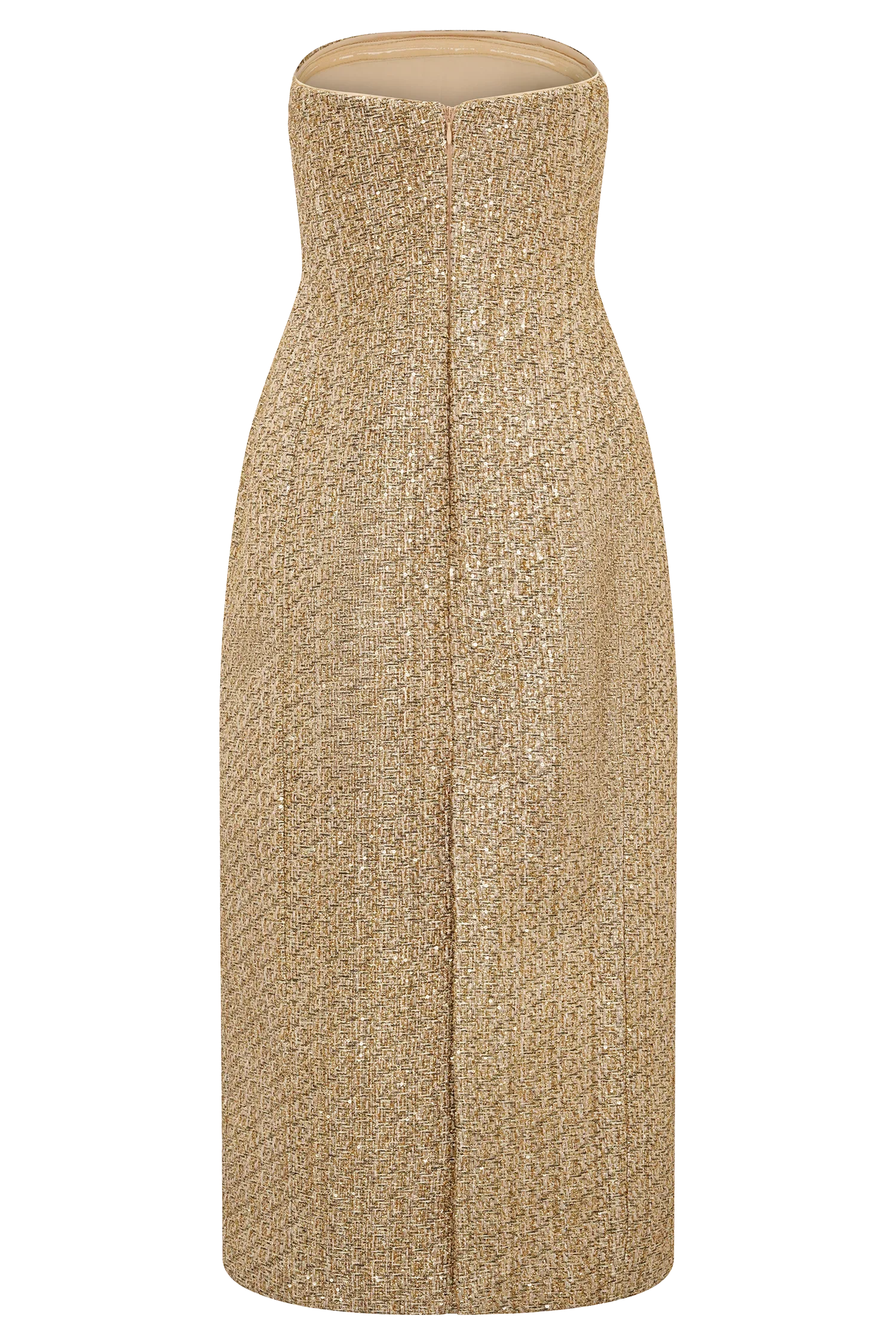Gala Strapless Tweed Midi Dress Gold