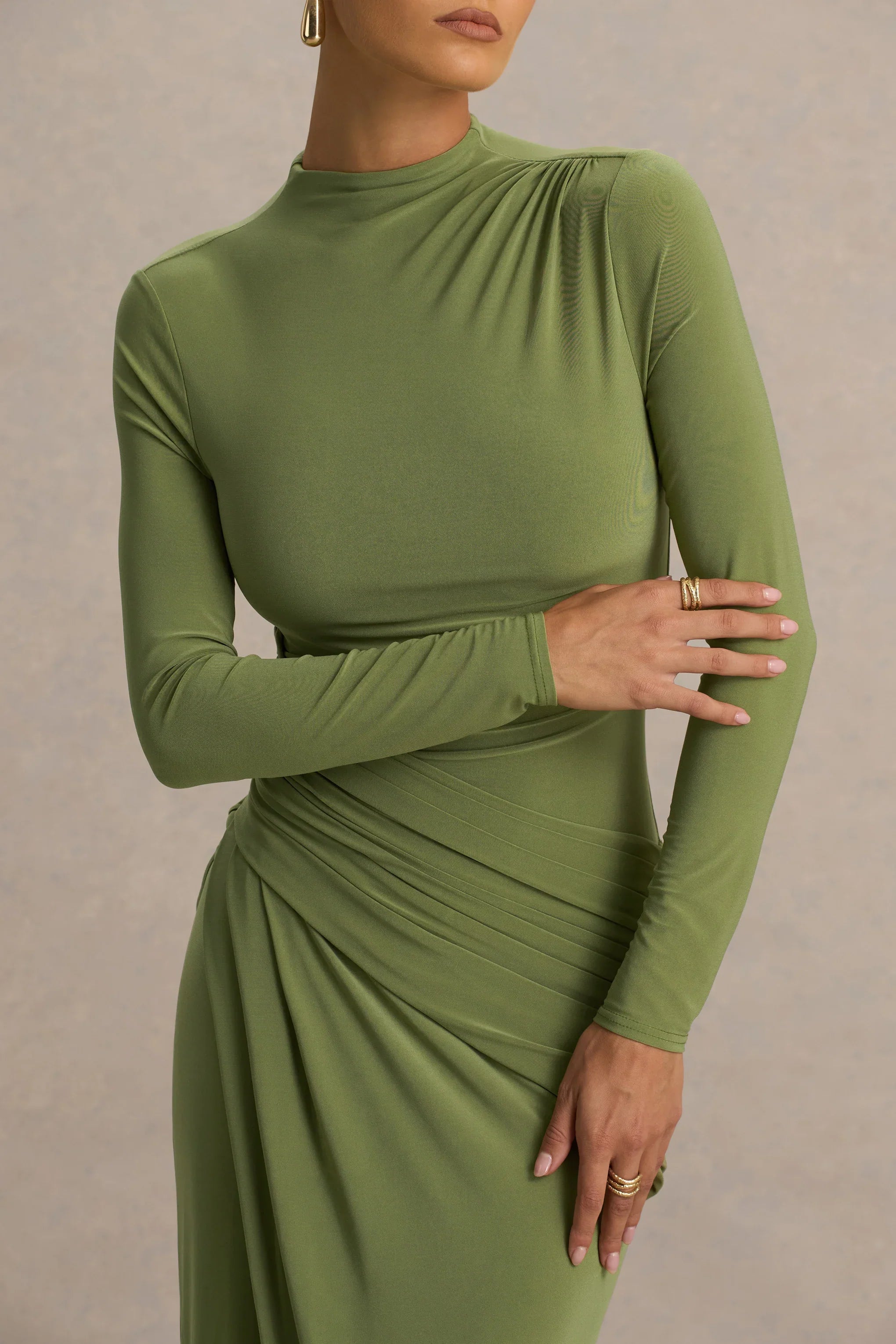 Zephyra Olive High Neck Wrapped Maxi Dress