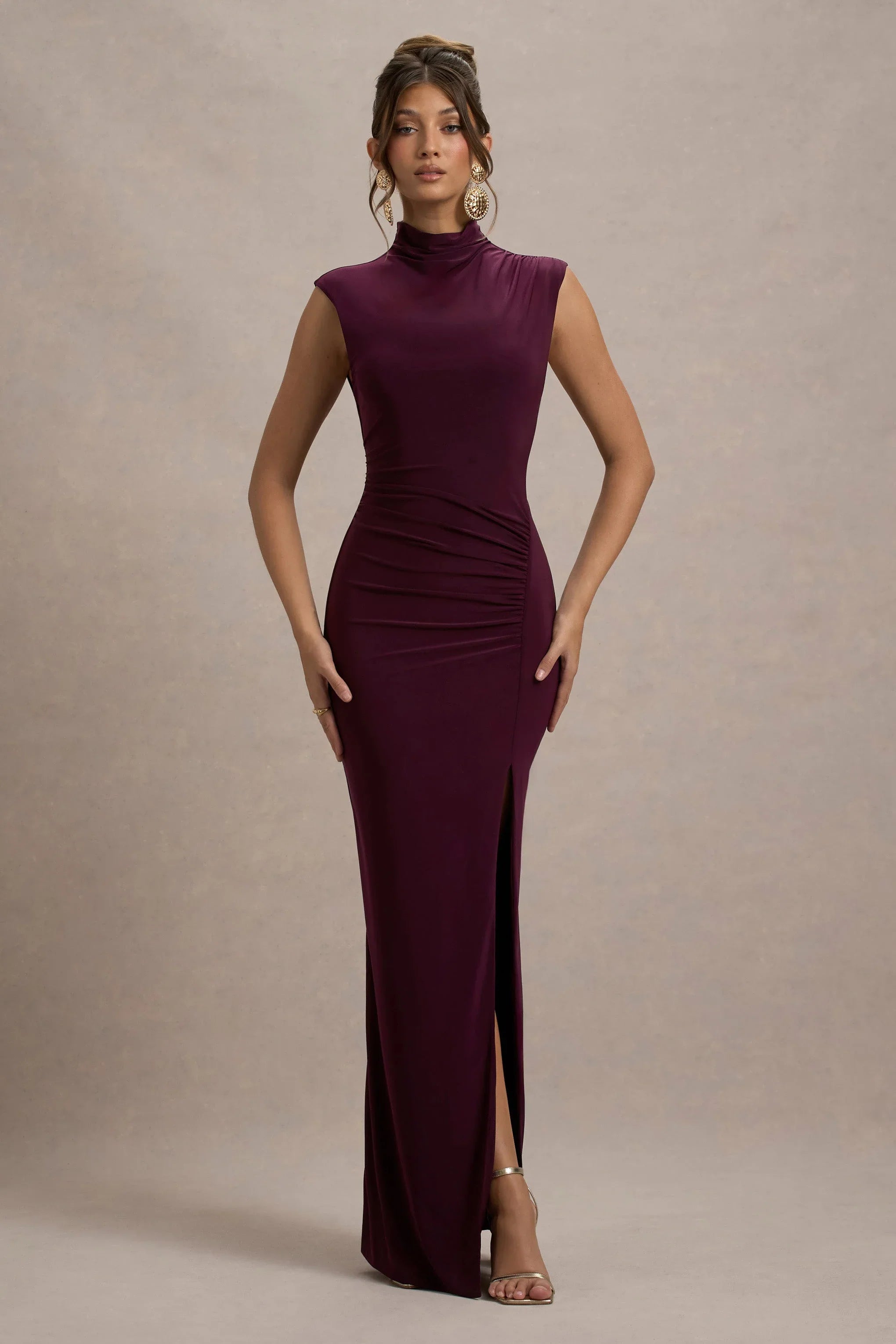 Lanetta Plum Ruched High Neck Maxi Dress With Split