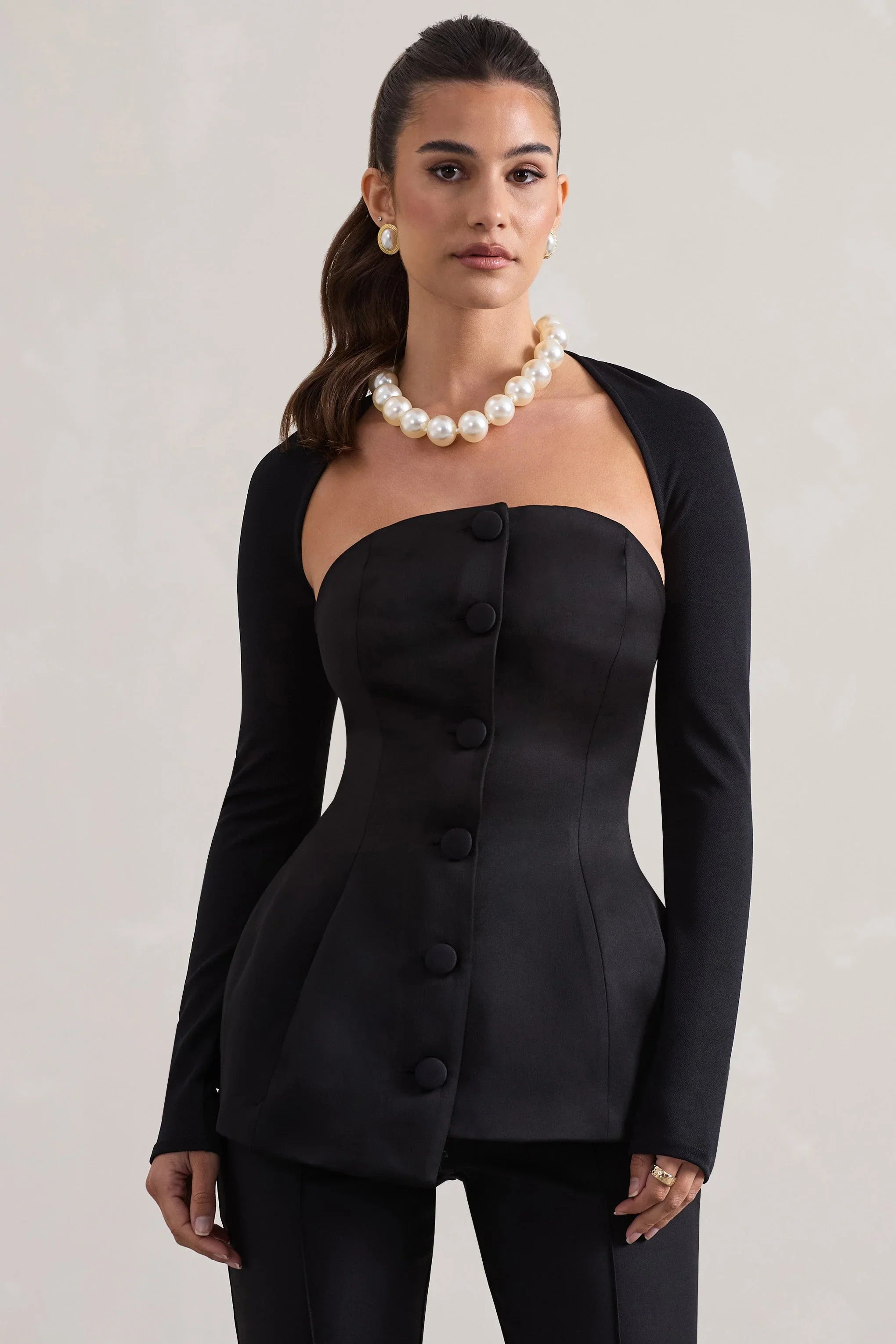 Century Black Satin Strapless Button Front Corset Top