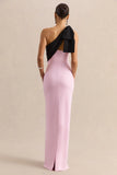 Adara Pink Black Asymmetric Neck Maxi Dress With Bow Detail