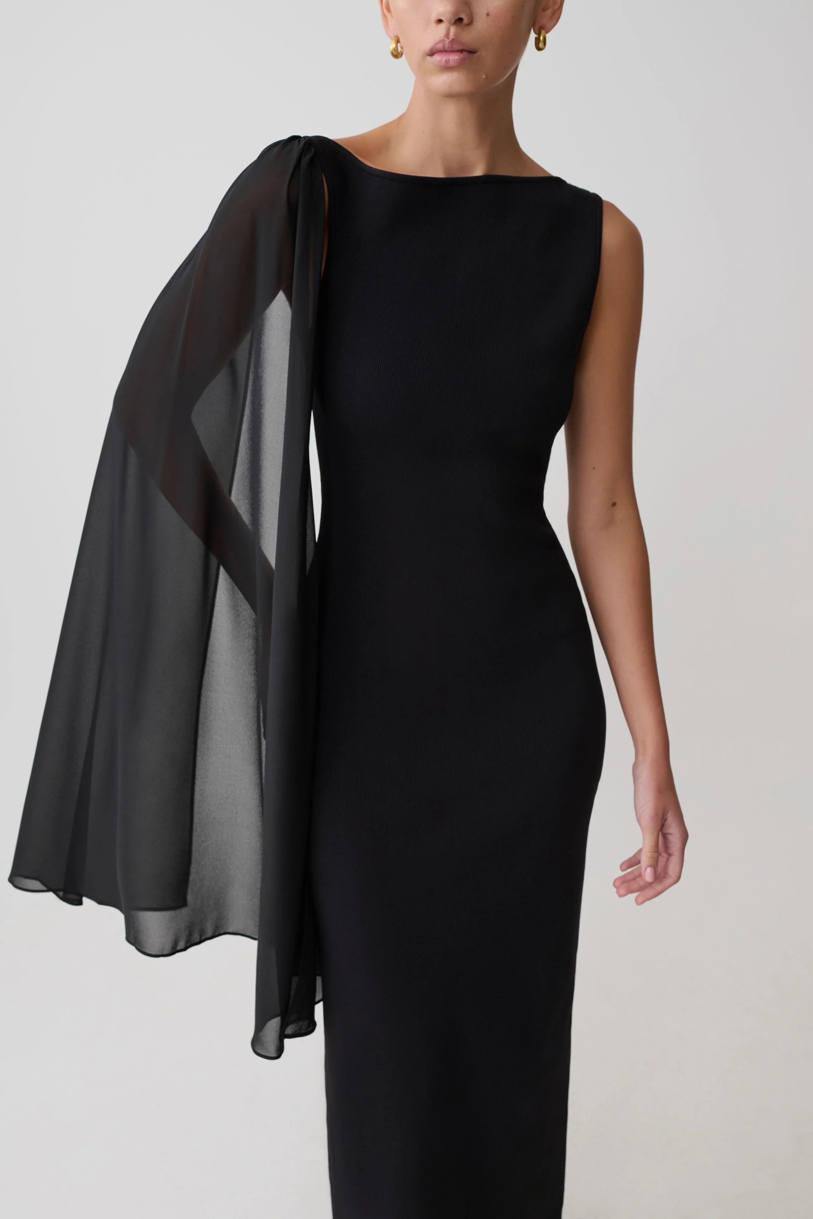 Farid Bandage Midi Dress With Chiffon Black