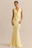 Holly Lemon Plunge Neck Maxi Dress With Twist Detail