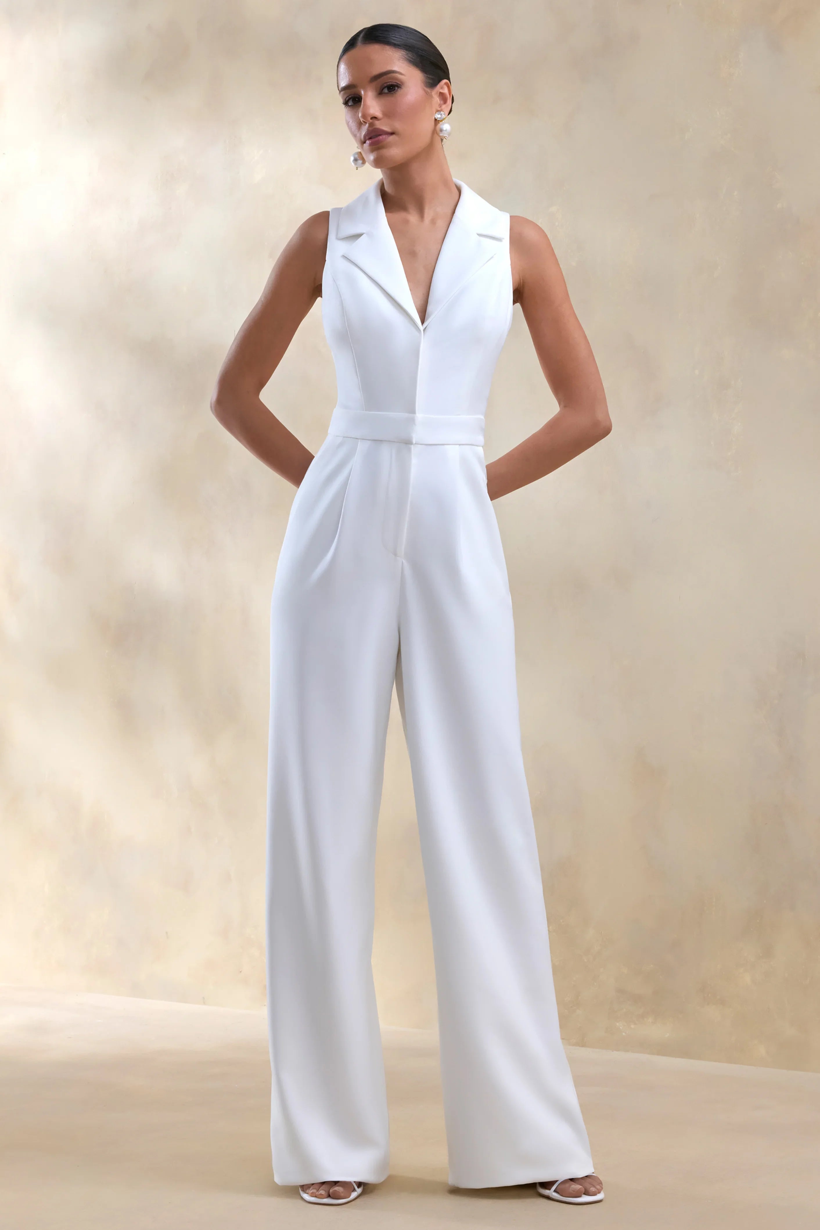 Brillora White Plunge Neck Tailored Jumpsuit