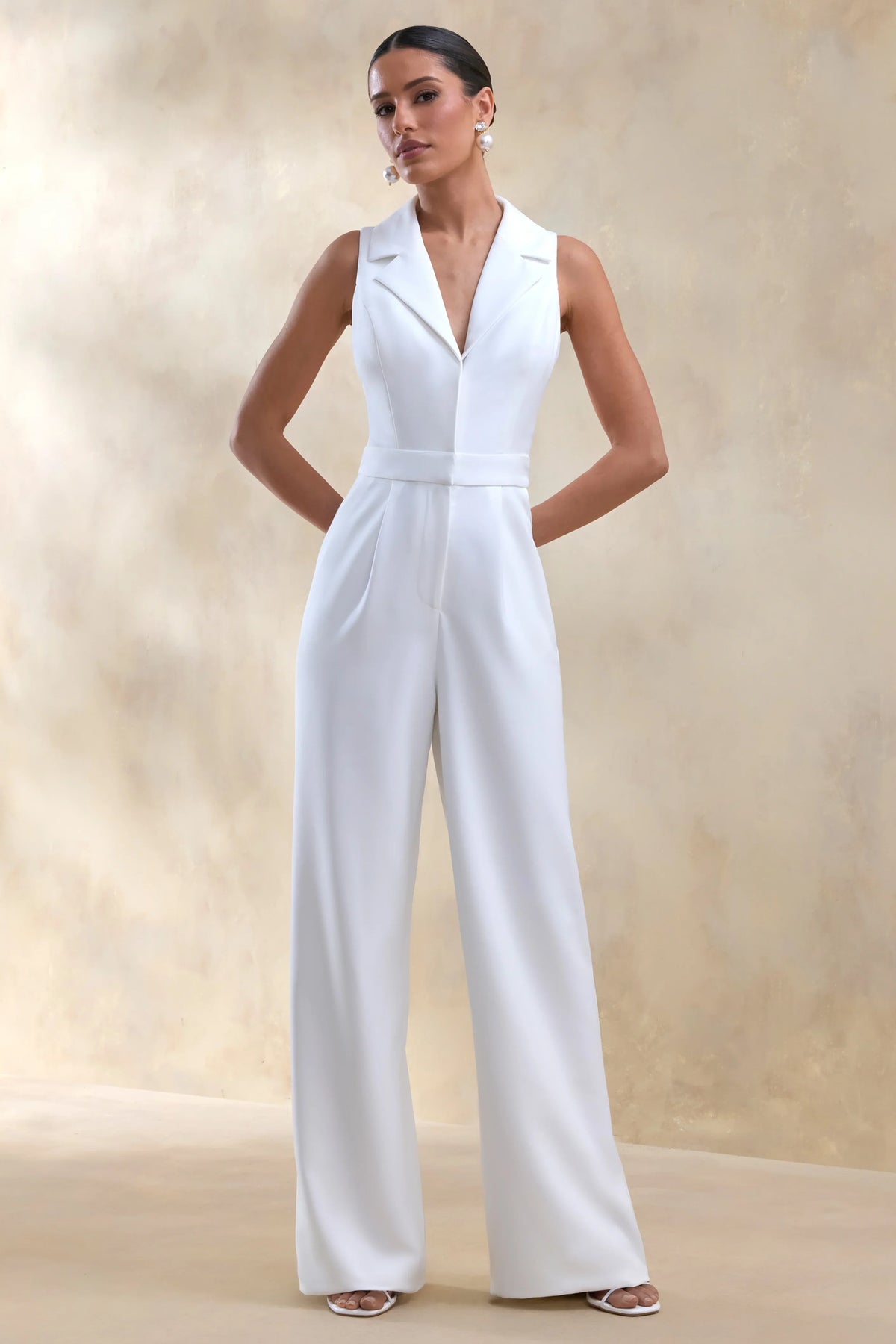 Brillora White Plunge Neck Tailored Jumpsuit