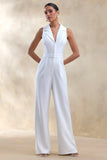 Brillora White Plunge Neck Tailored Jumpsuit