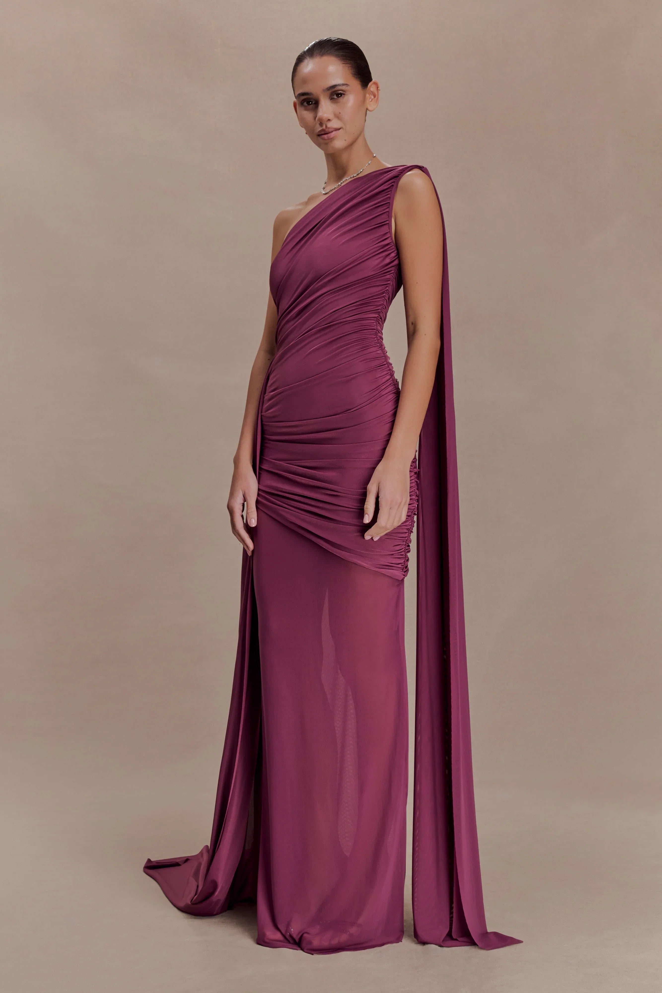 Asher Slinky One Shoulder Maxi Dress Neutral Plum