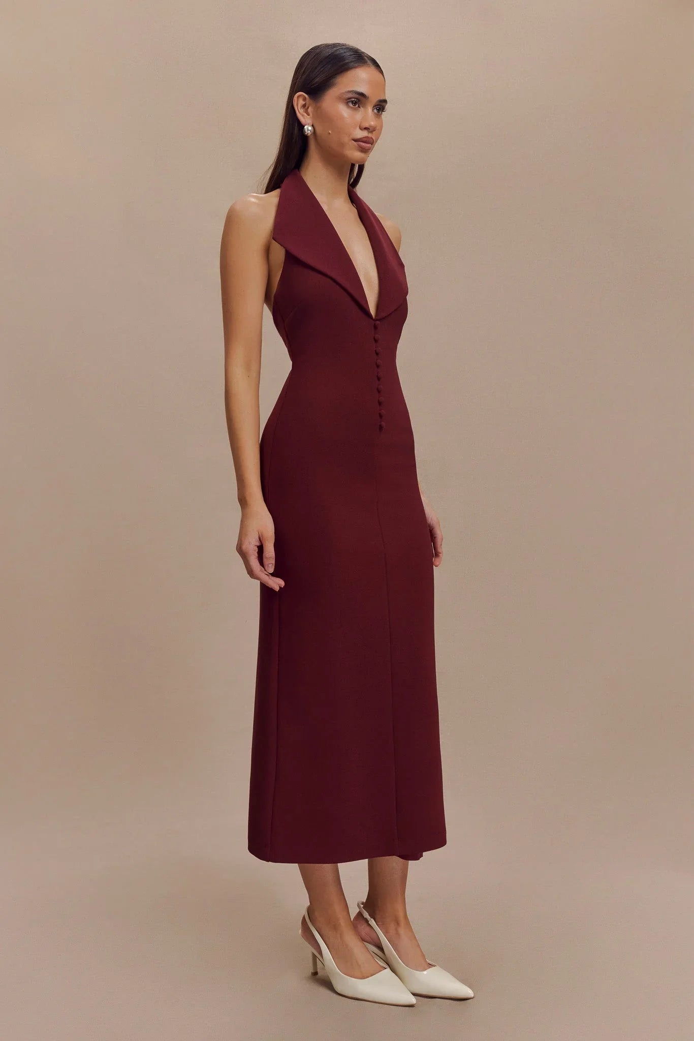 Annita Crepe Halter Midi Dress Merlot