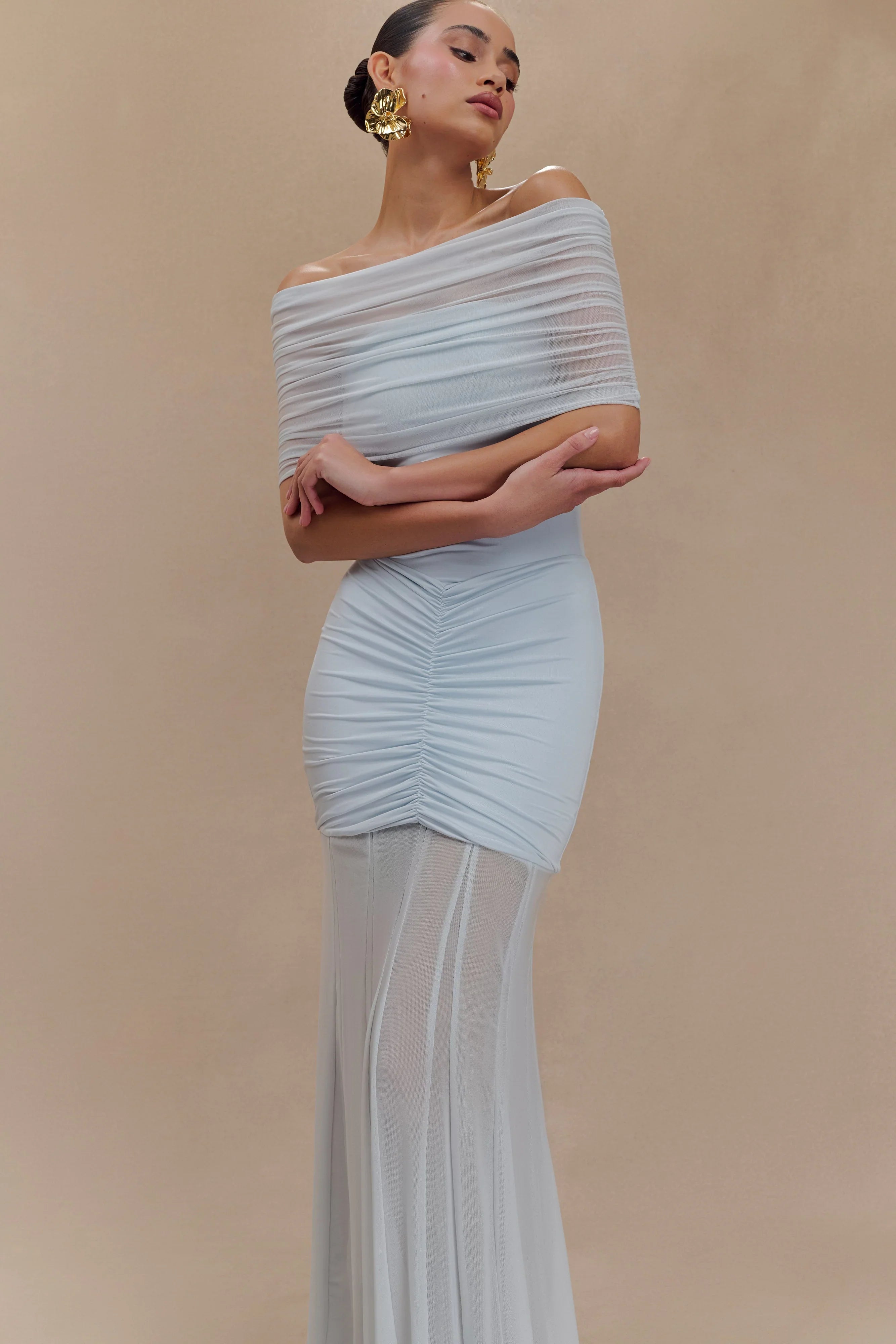 Caspian Slinky And Mesh Off Shoulder Maxi Dress Pale Blue