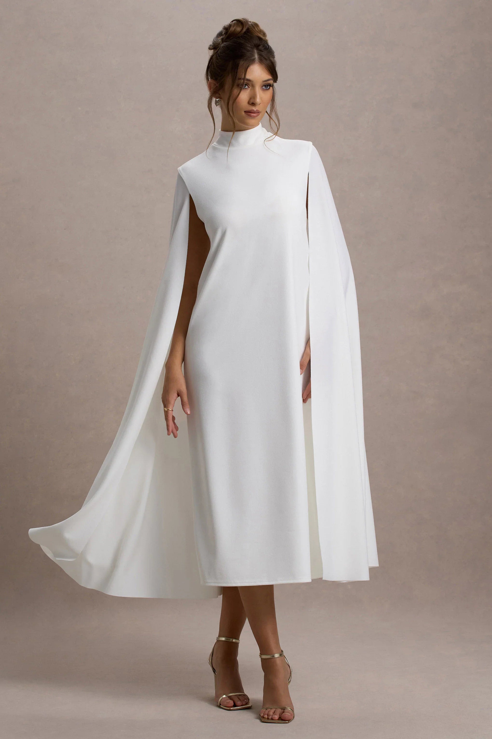 Carnation White Long Sleeve Midi Dress With Cape