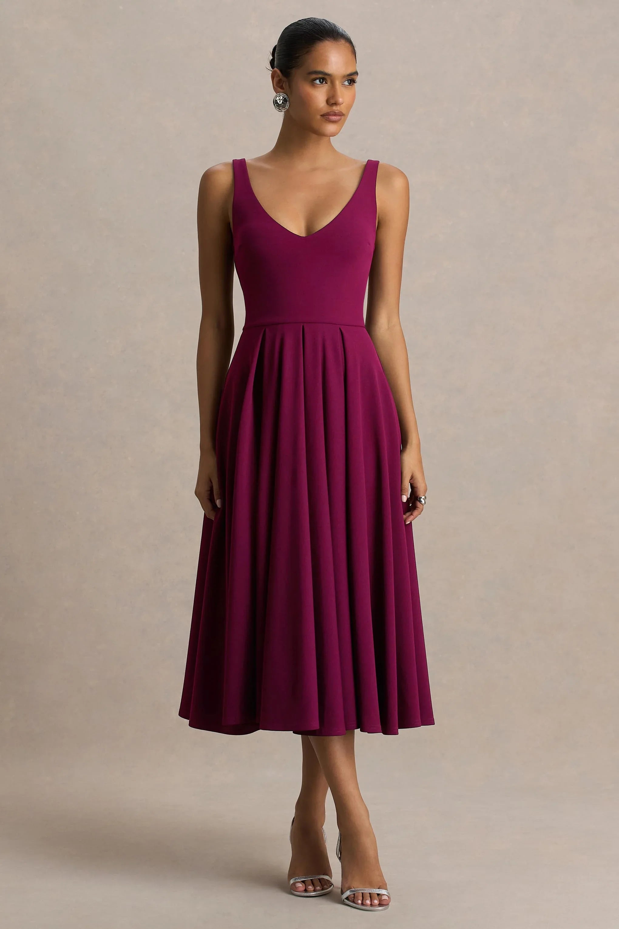 Depths Burgundy V Neck Midi Dress