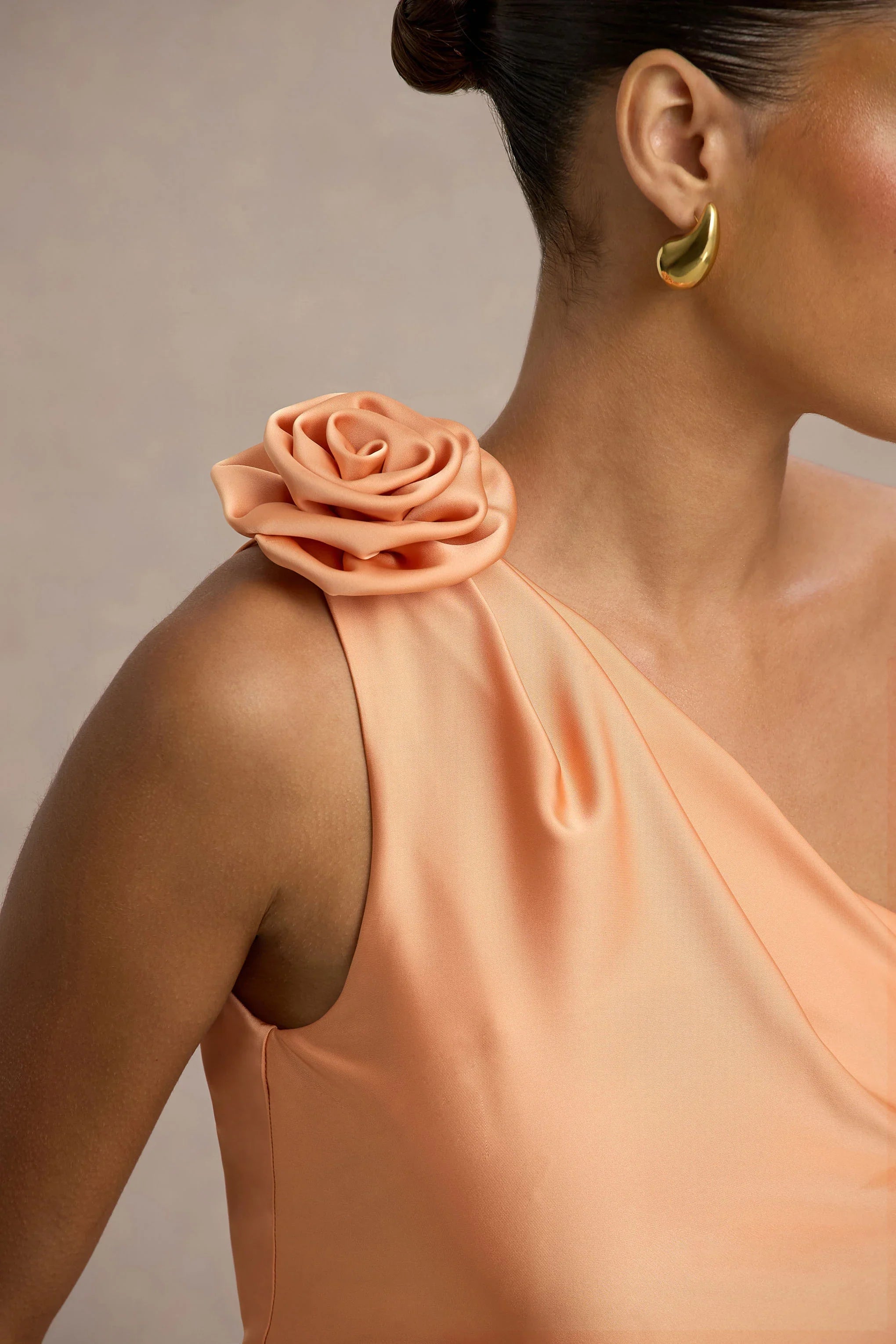 Janette Peach Satin One Shoulder Split Maxi Dress With Corsage