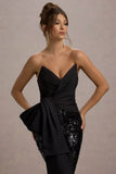 Bianco Black Sequin Strapless Flared Leg Jumpsuit With Drape