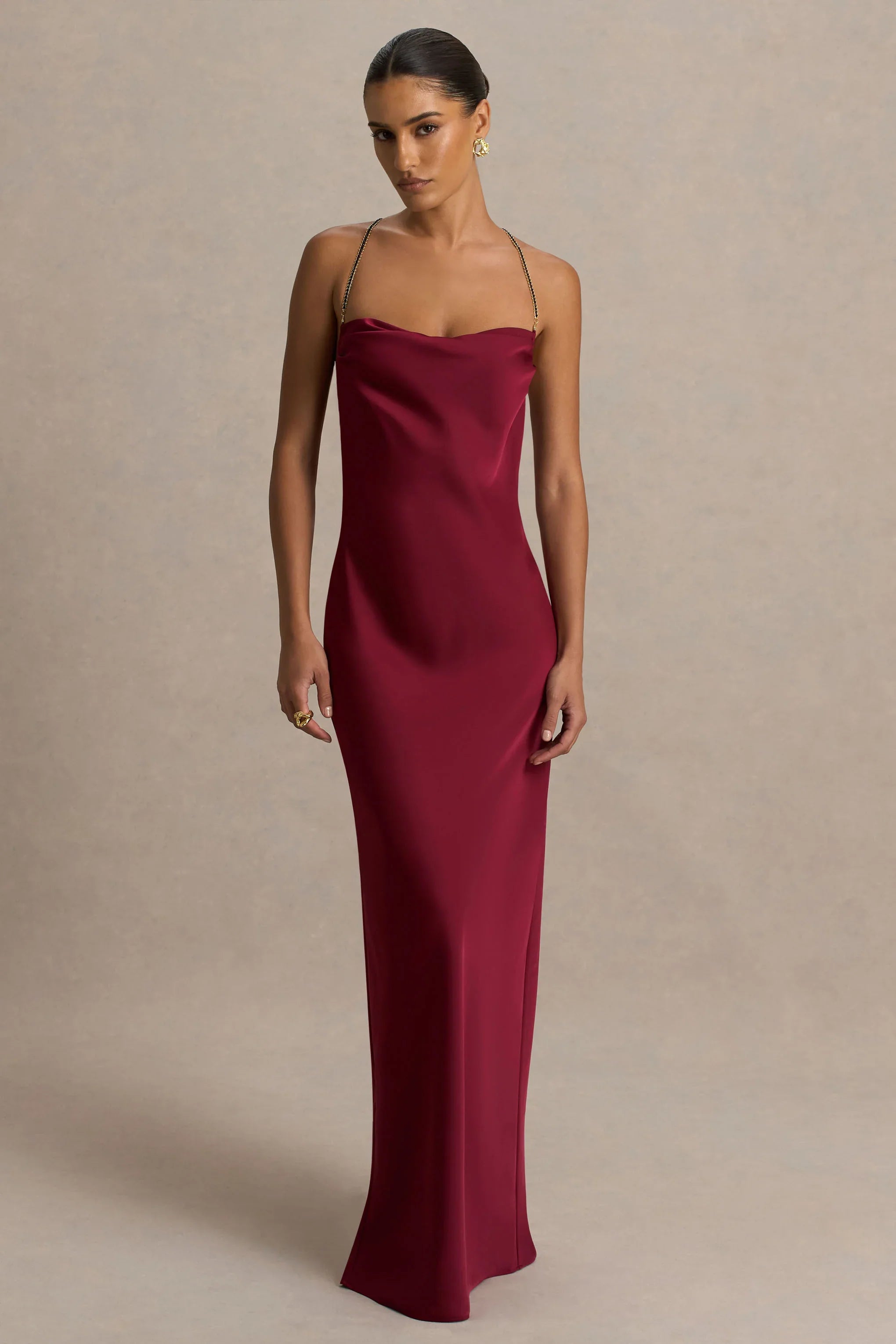 Cher Burgundy Satin Square Neck Maxi Dress With Embellished Detailed Open Back