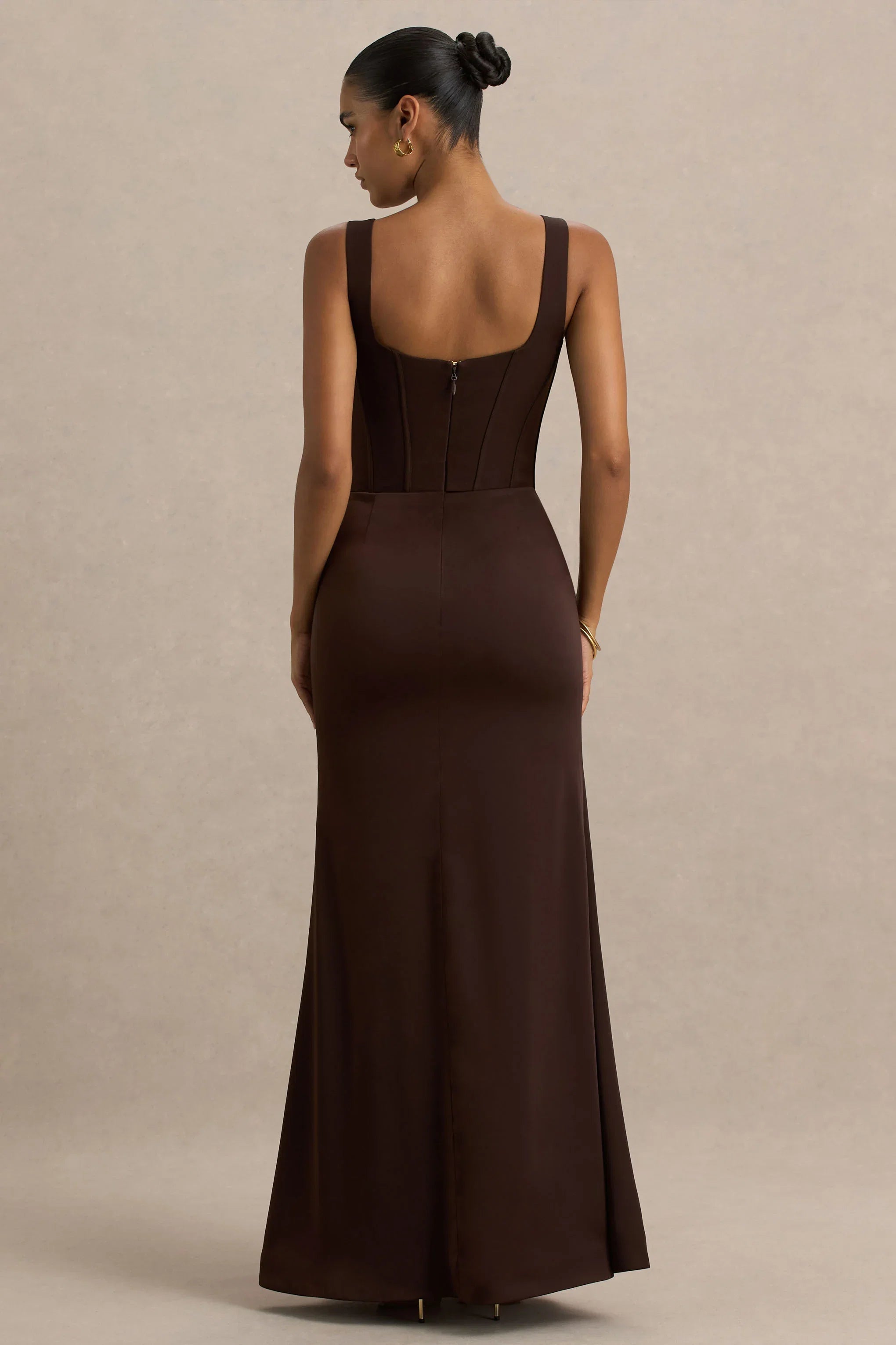 Morgan Brown Satin Corset Maxi Dress
