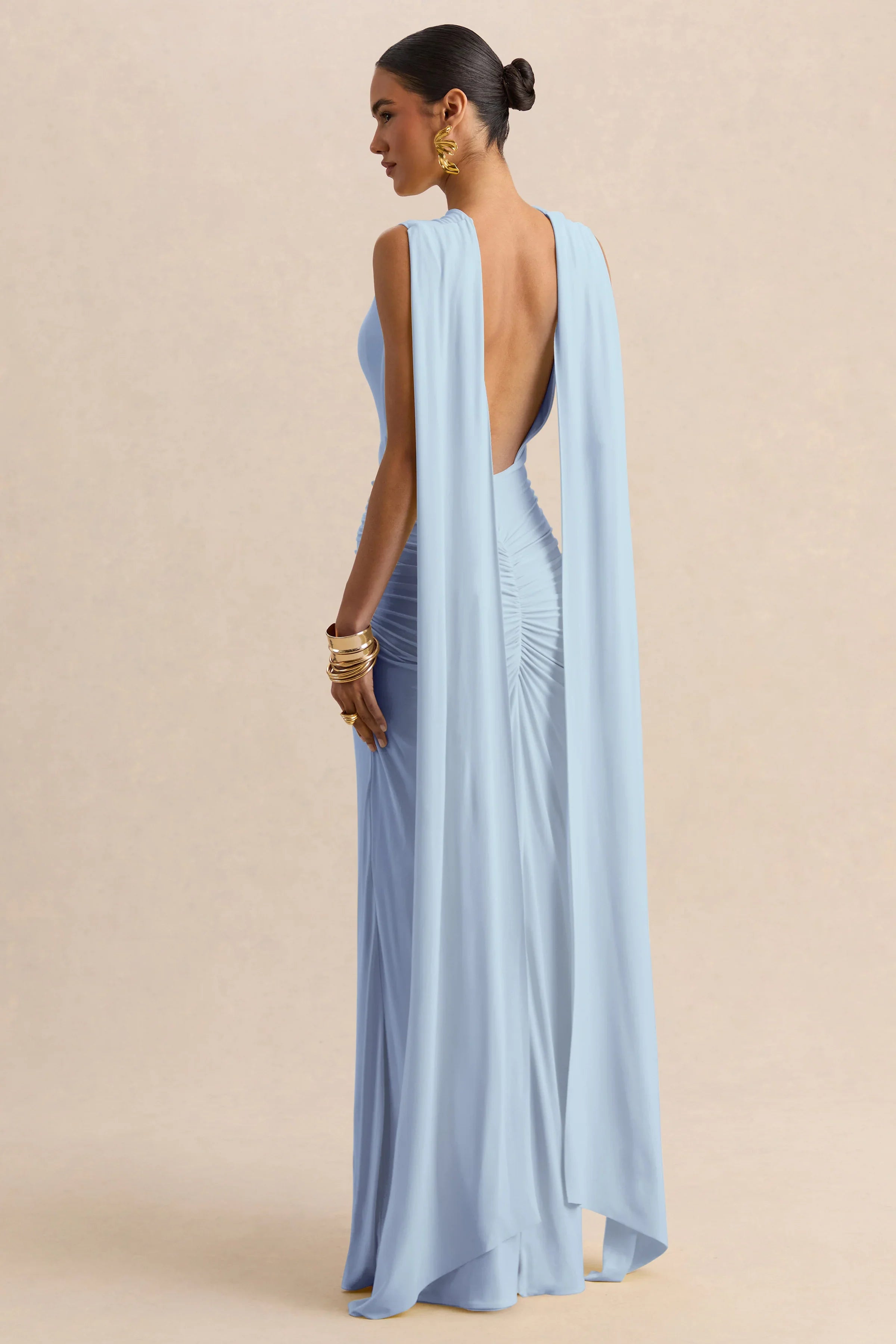 Premiere Powder Blue Boat Neck Maxi Dress With Cape Sleeves And Open Back