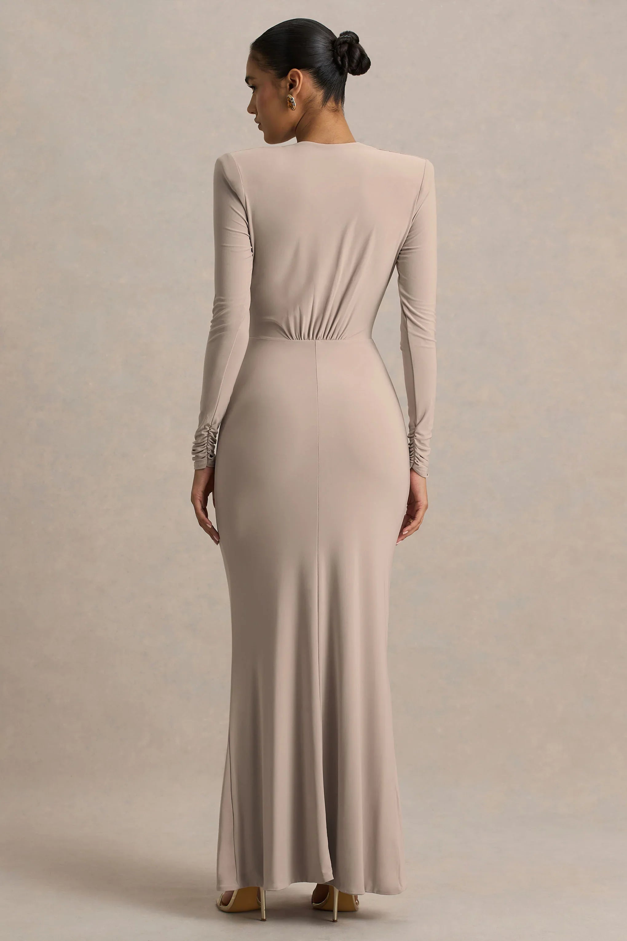 Flashy Champagne Plunge Neck Maxi Dress With Ruched Detailing