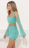 Cutout Flare Sleeve Dress in Lace Green