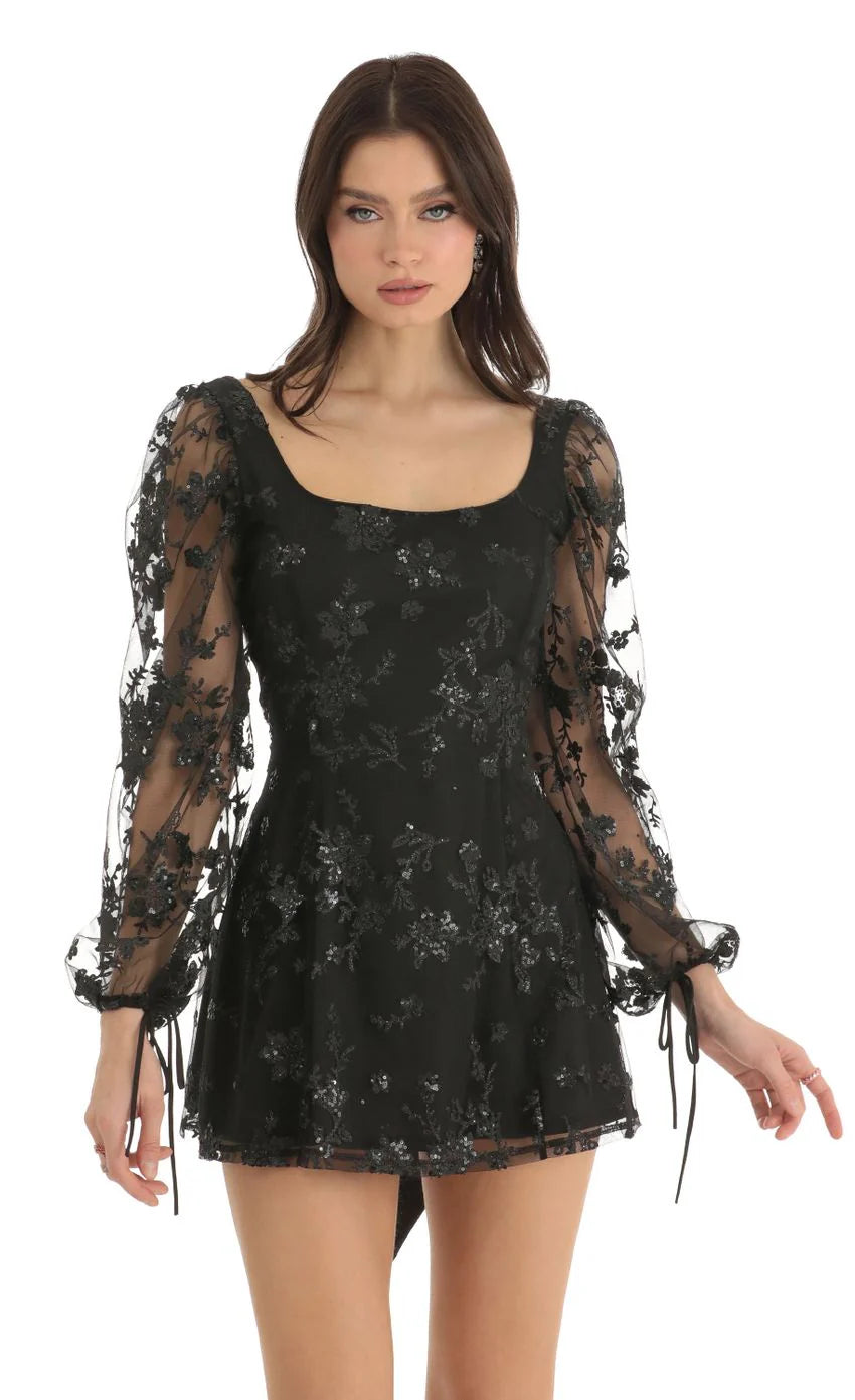 Floral Glitter A Line Dress in Black