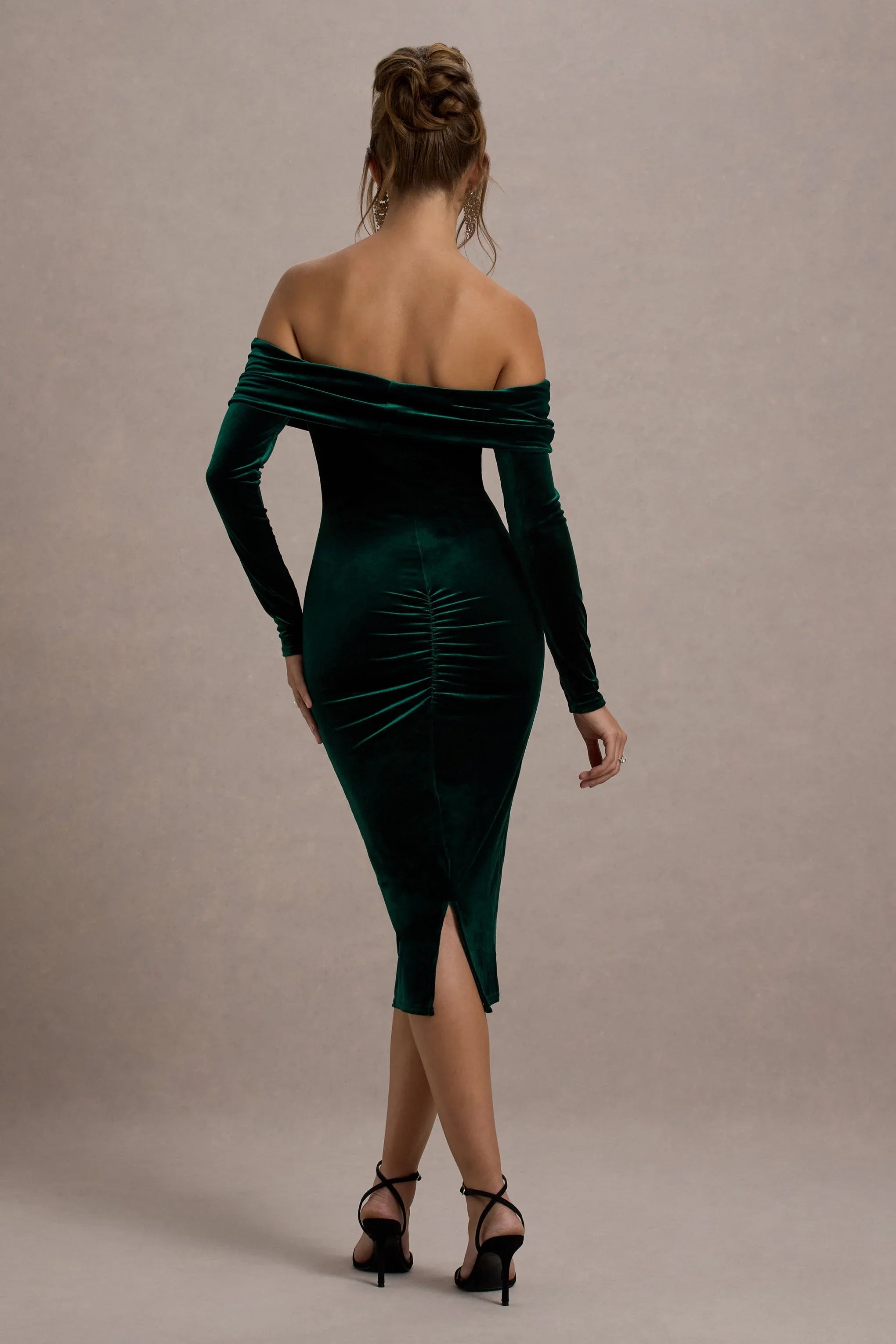 Compliment Bottle Green Velvet Bardot Midi Dress