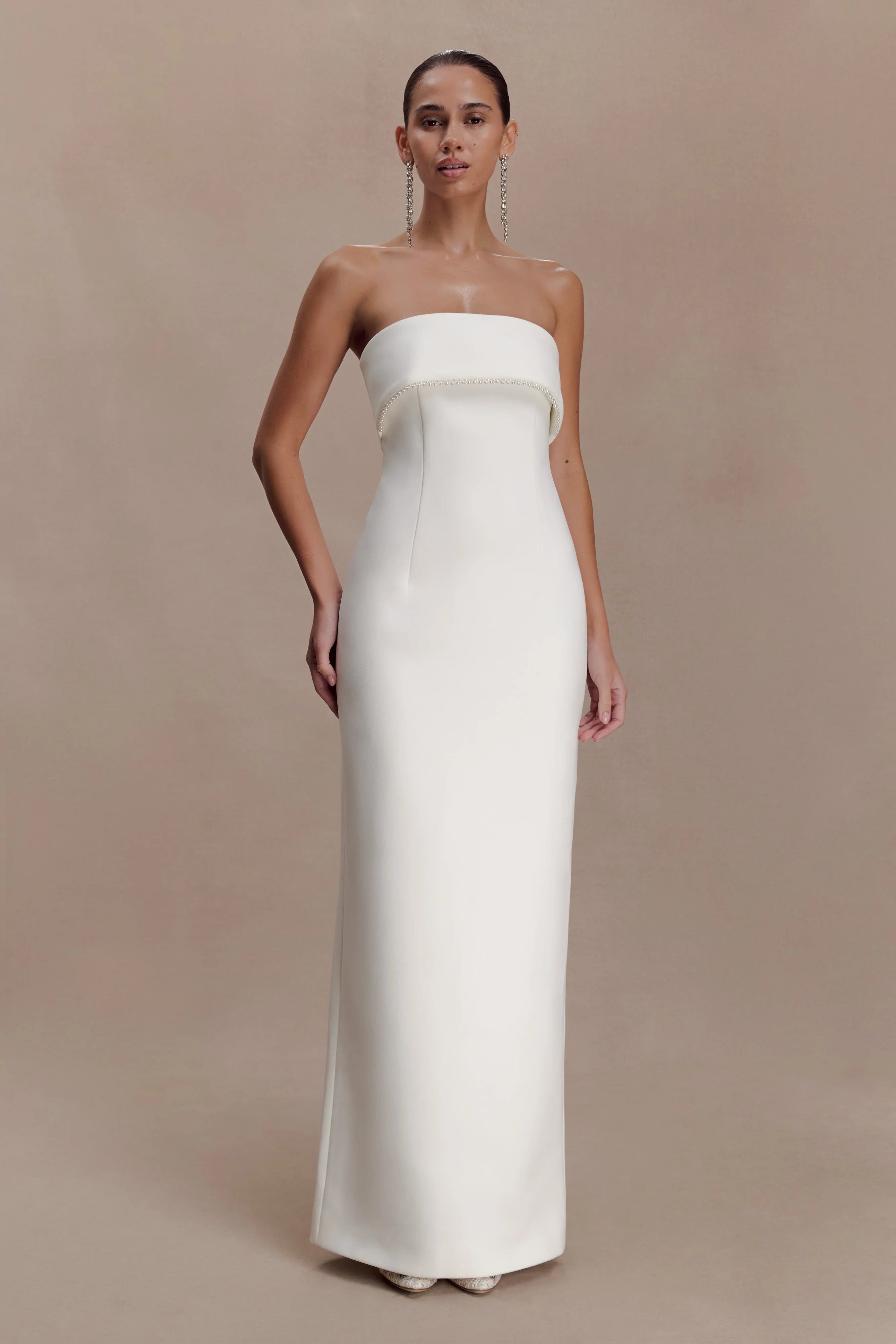 Sloane Strapless Maxi Dress With Pearls White