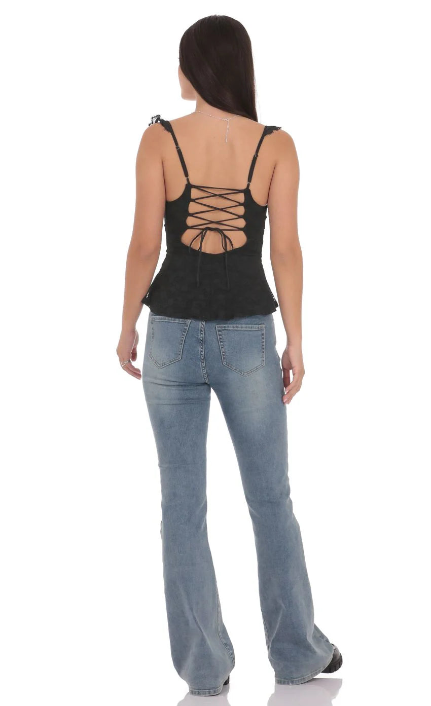 Lace Ruffle Strap Top in Black