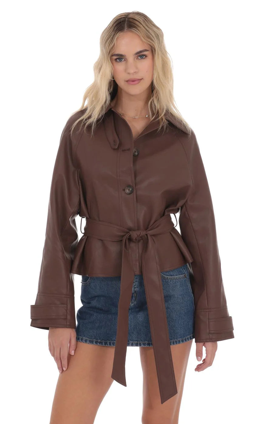 Belted Faux Leather Jacket in Black