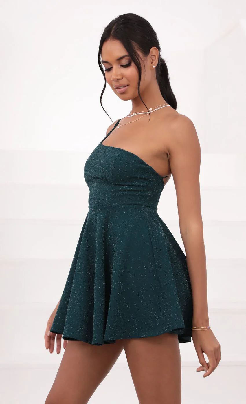 One Shoulder Dress in Turquoise Sparkle