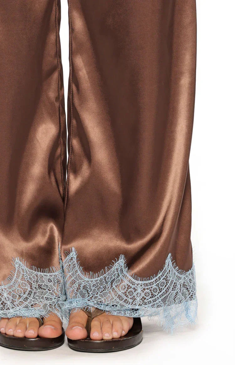 Shirley Lace Trim Brown Satin Pants