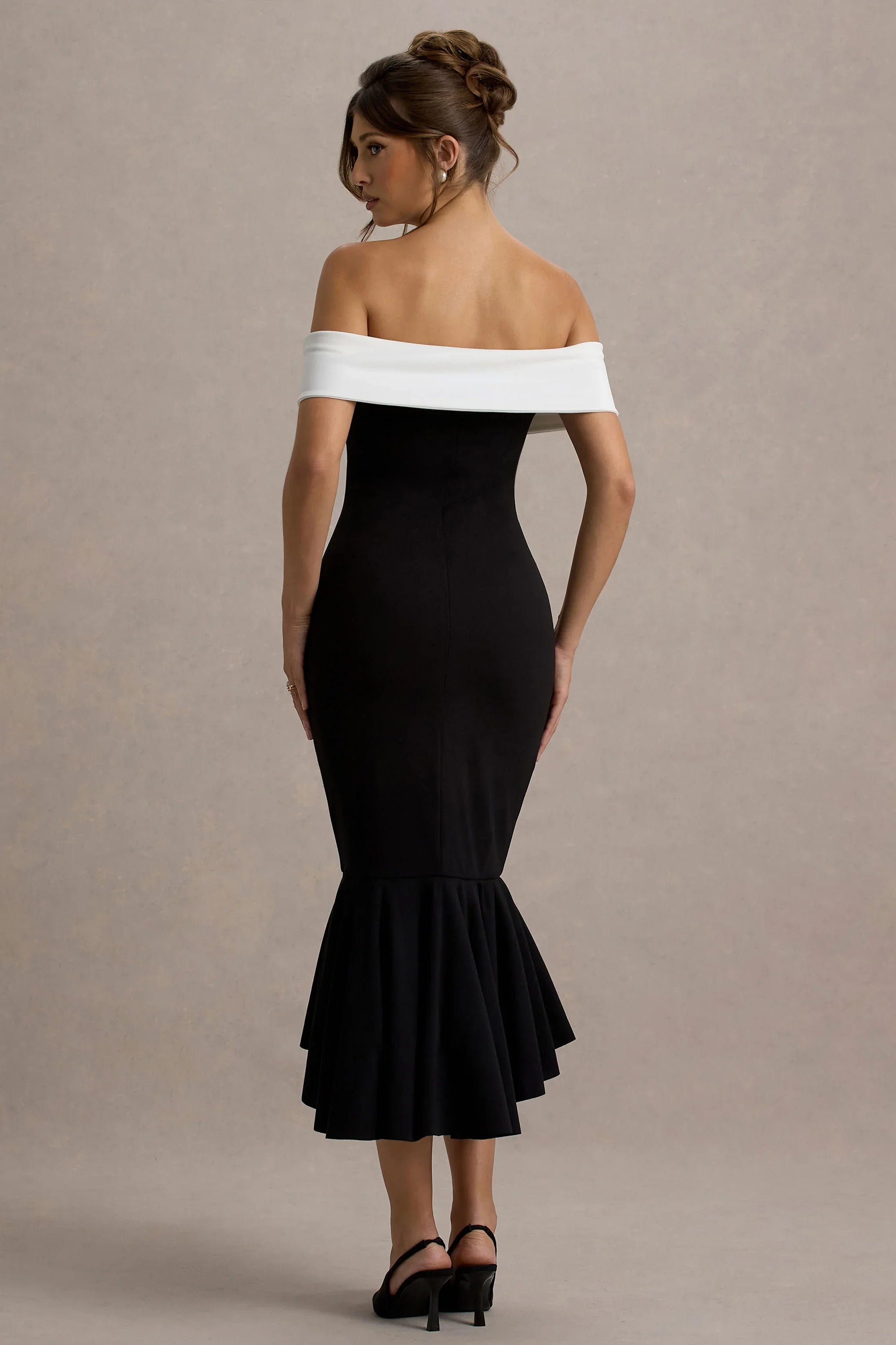 Corola Black White Bardot Volume Hem Midi Dress