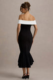 Corola Black White Bardot Volume Hem Midi Dress
