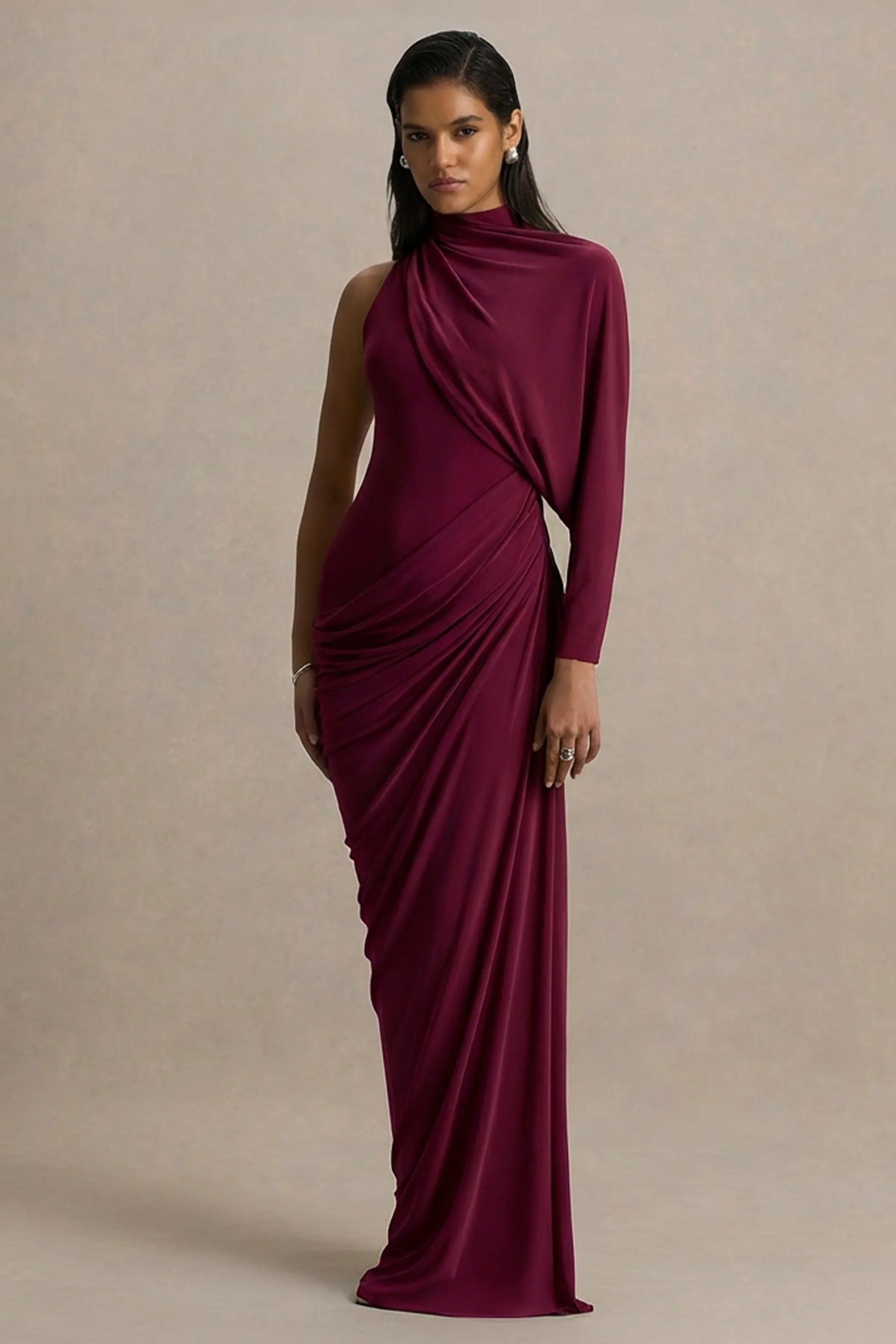 Aphra Burgundy High Neck Maxi Dress With Cape Sleeve