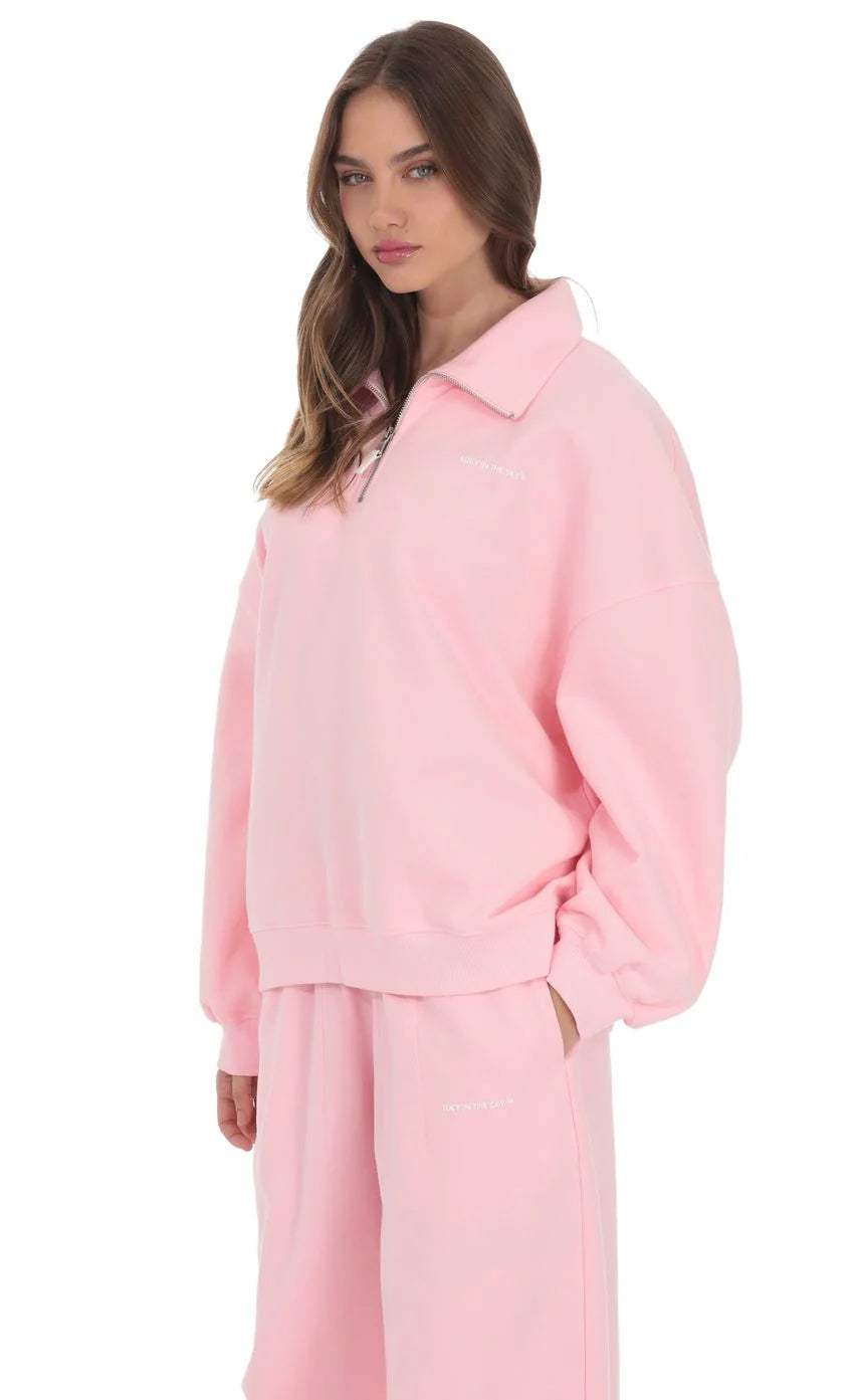 Quarter Zip Up Jumper in Pink