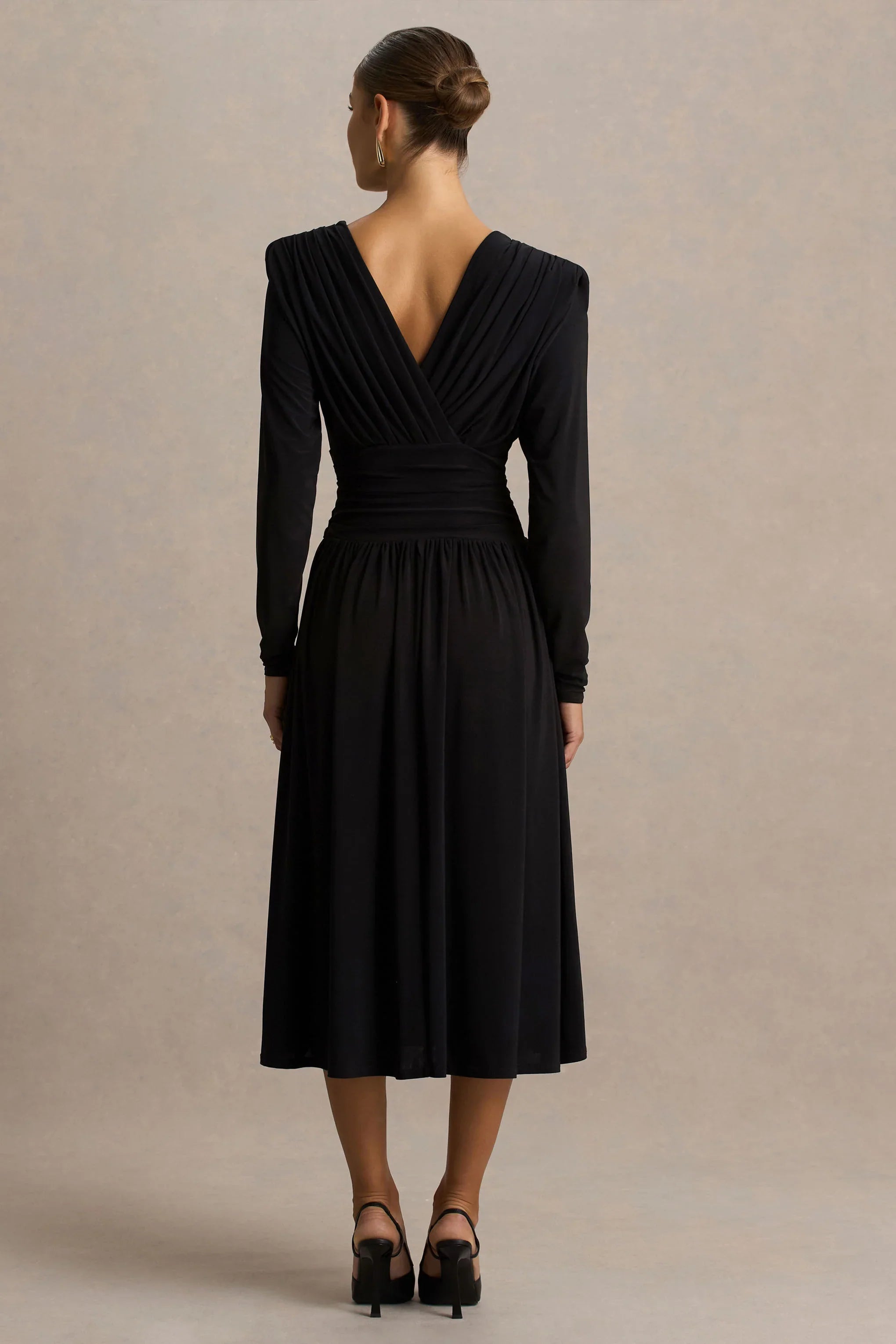 Alexis Black Plunge Neck Midi Dress With Draped And Ruched Detailing