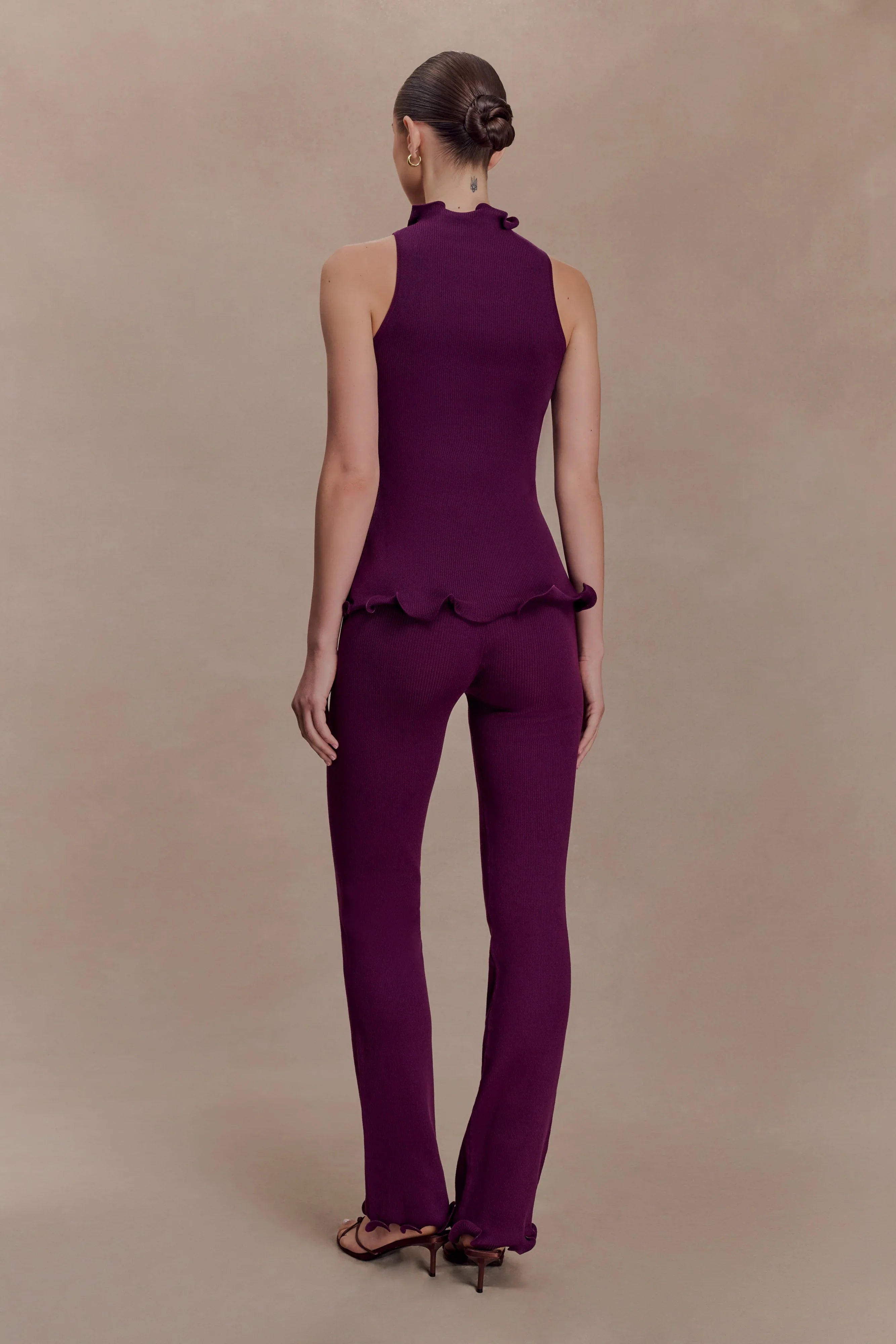 Diya Ribbed High Waisted Pants With Wire Hem Plum