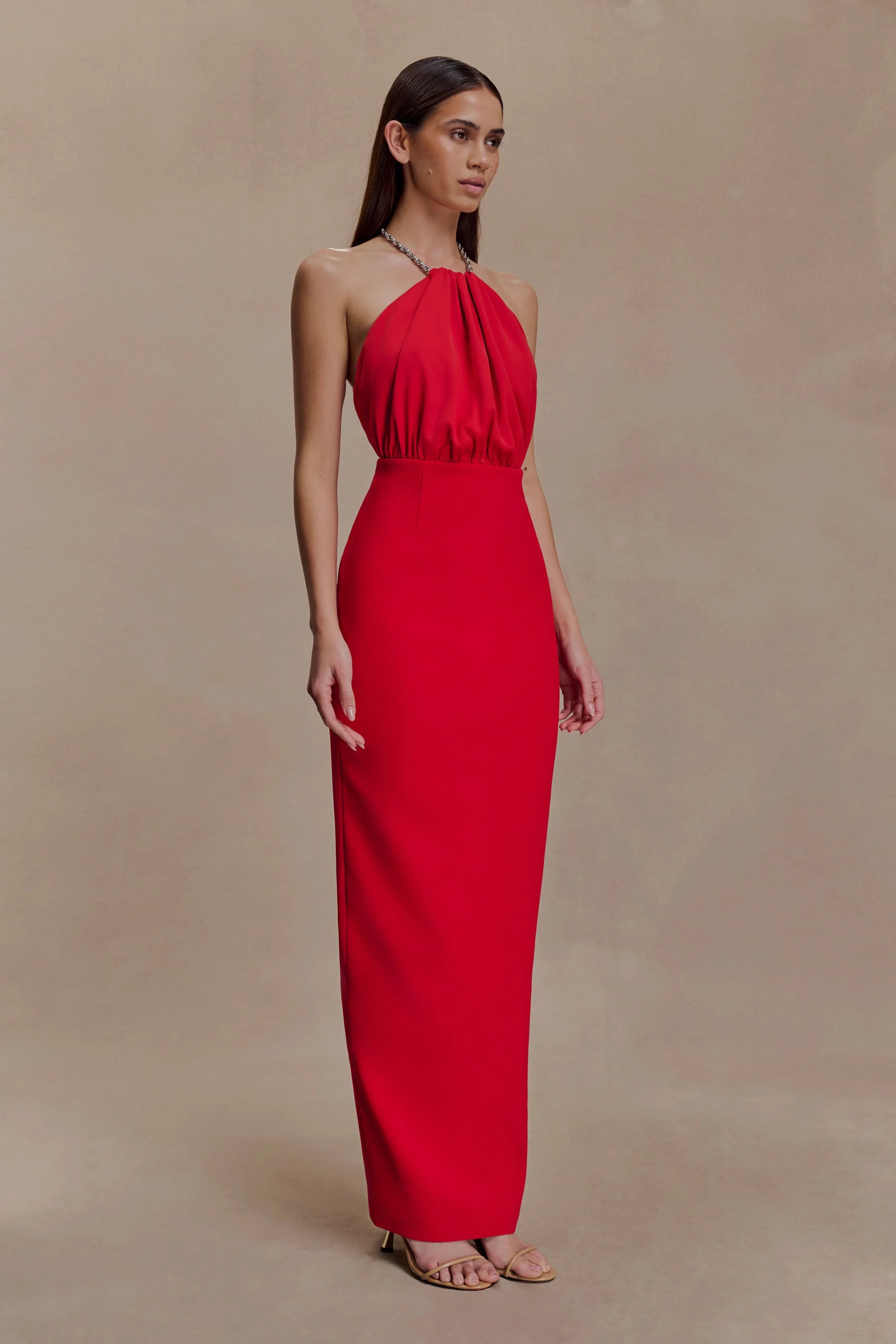 Elina Satin Necklace Maxi Dress Red