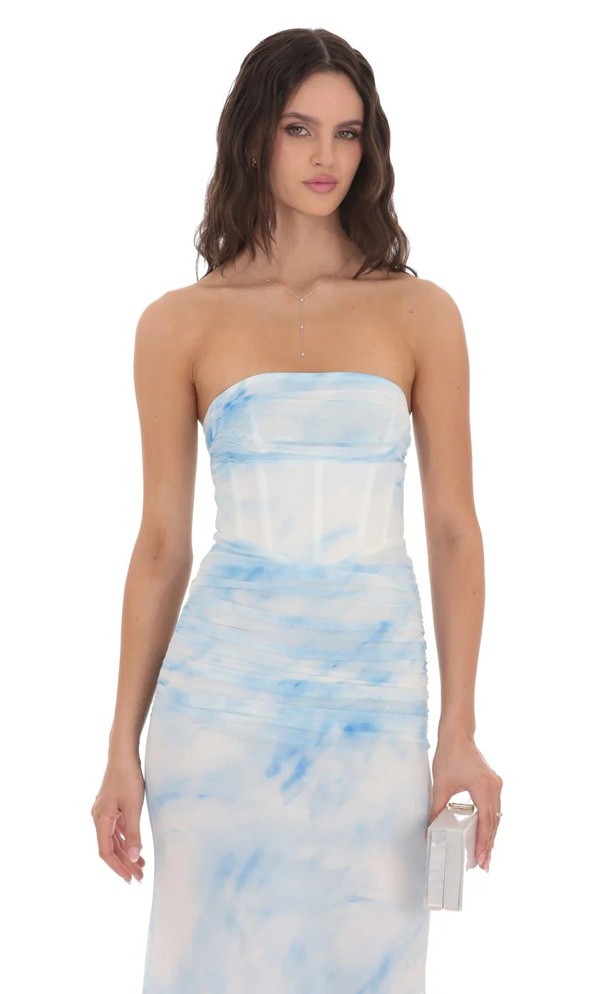 Mesh Strapless Corset Maxi Dress in Blue Tie Dye